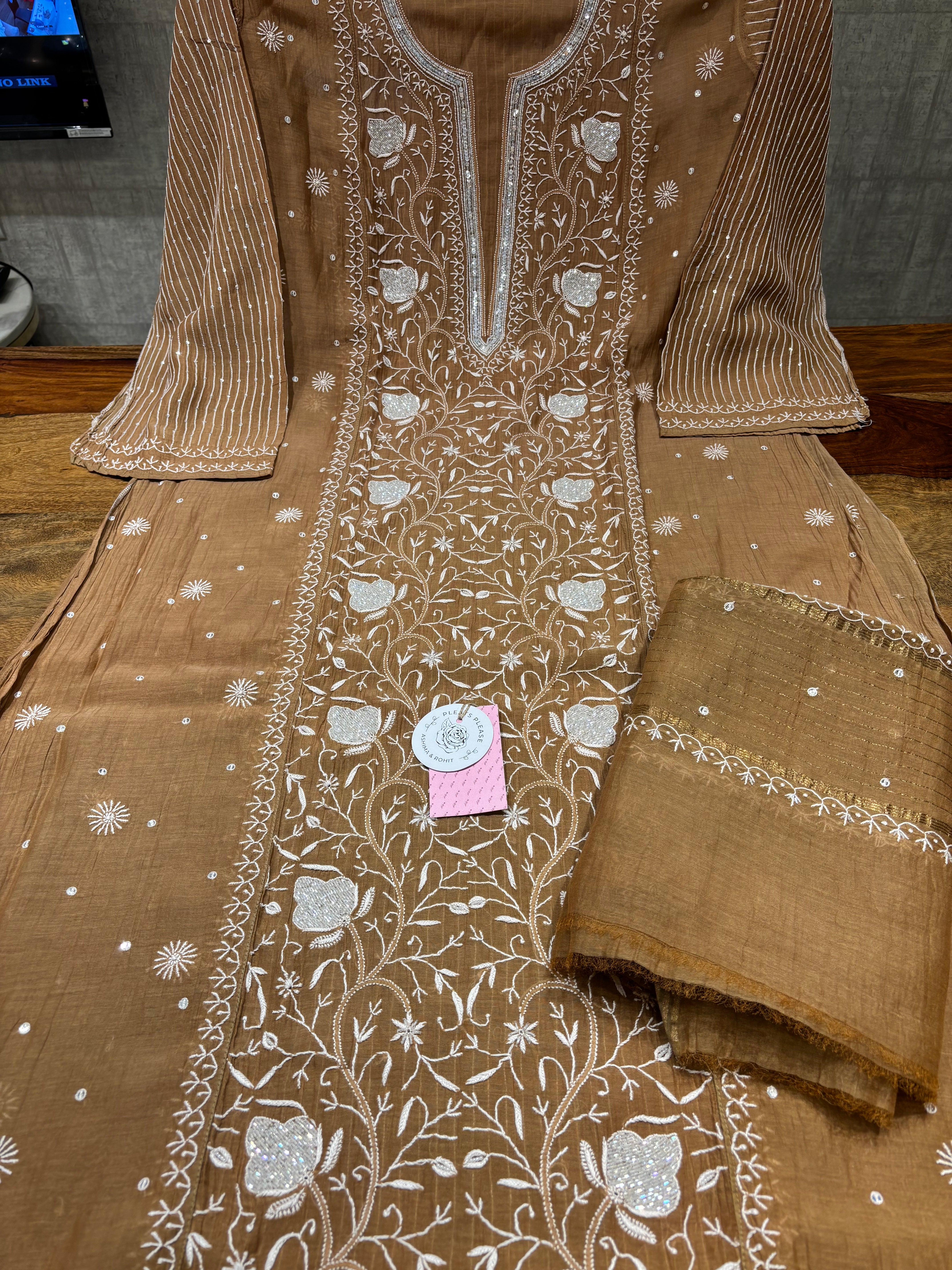 Chocolate Brown Chanderi Mul Chikankari Kurta & Dupatta Set