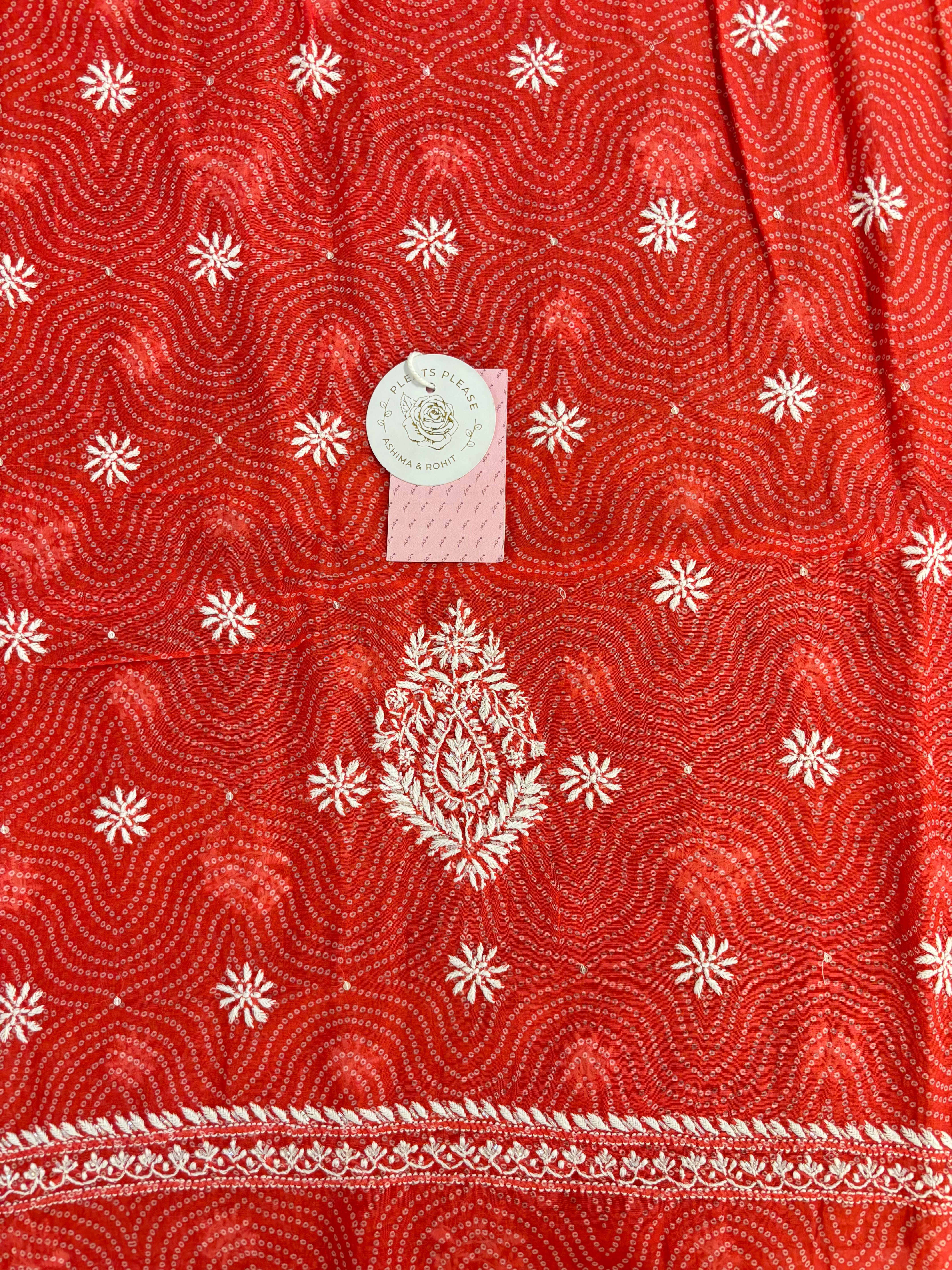 Coral Peach Chanderi Mul Bandhej Chikankari Kurta & Dupatta - Pleats PleaseChikankari
