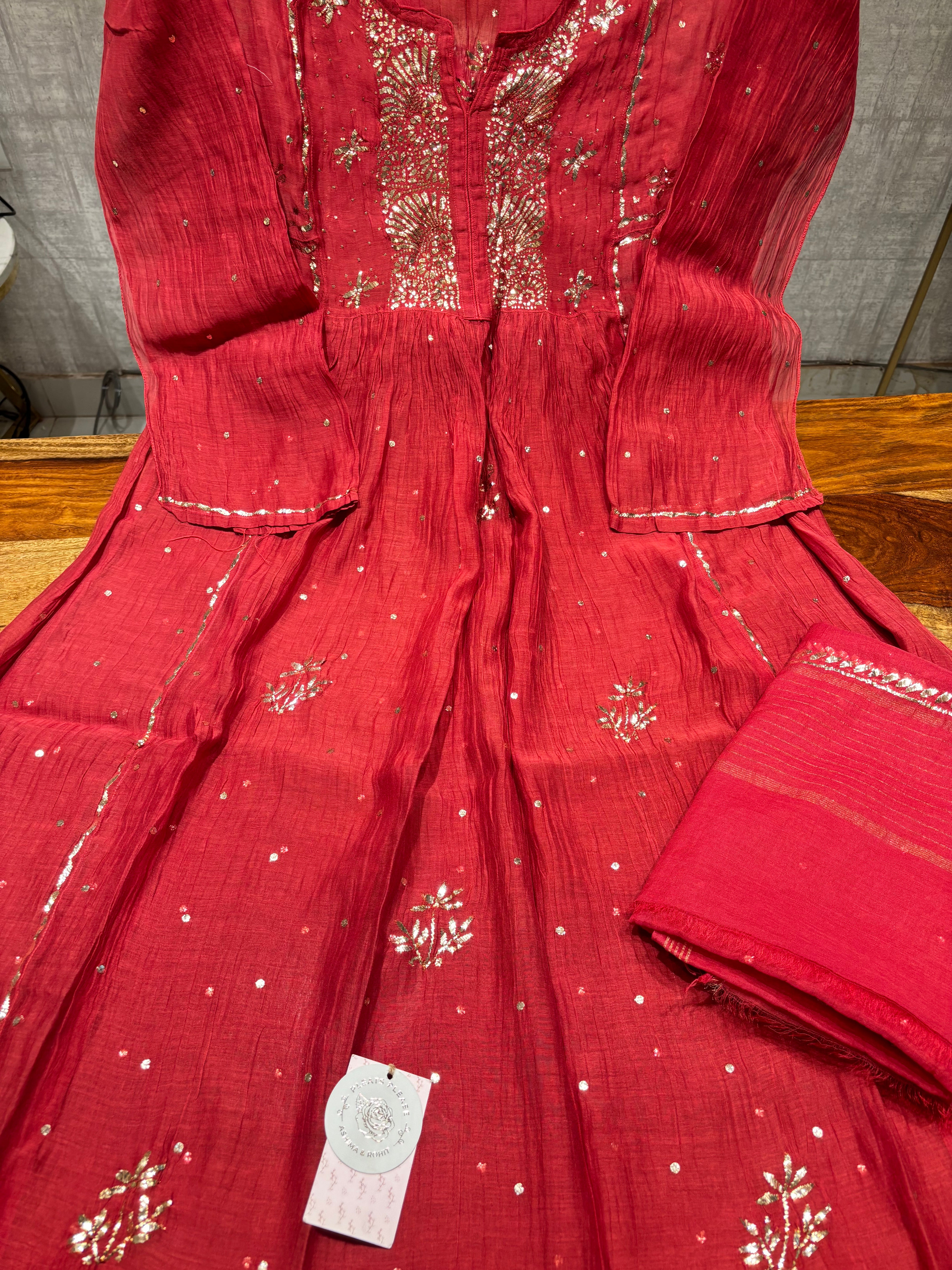 Red Chanderi Mul Mukaish Tunic Kurta and Dupatta Set