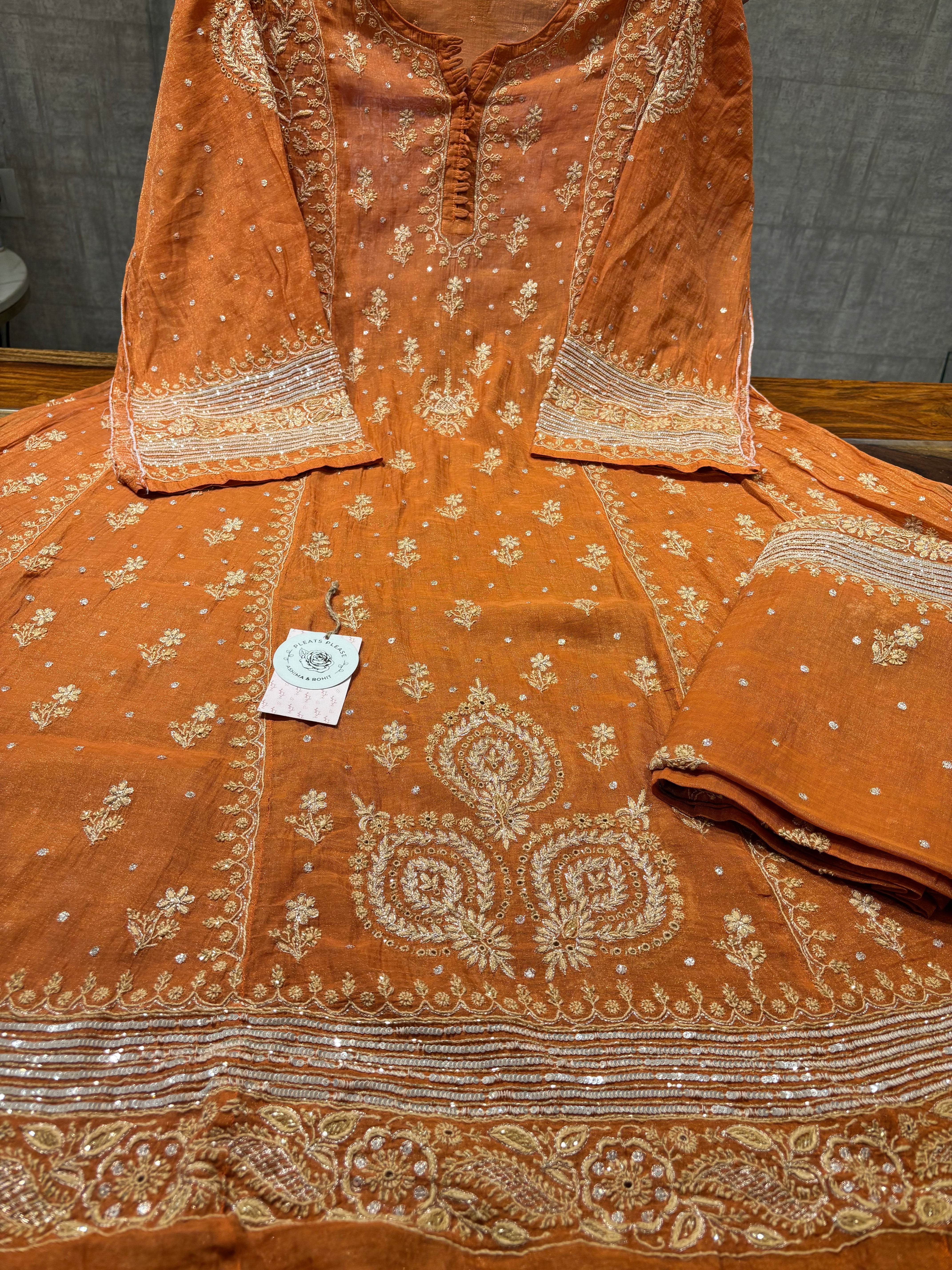 Burnt Orange Pure And Premium Tissue Chikankari Anarkali, Dupatta And Bottom