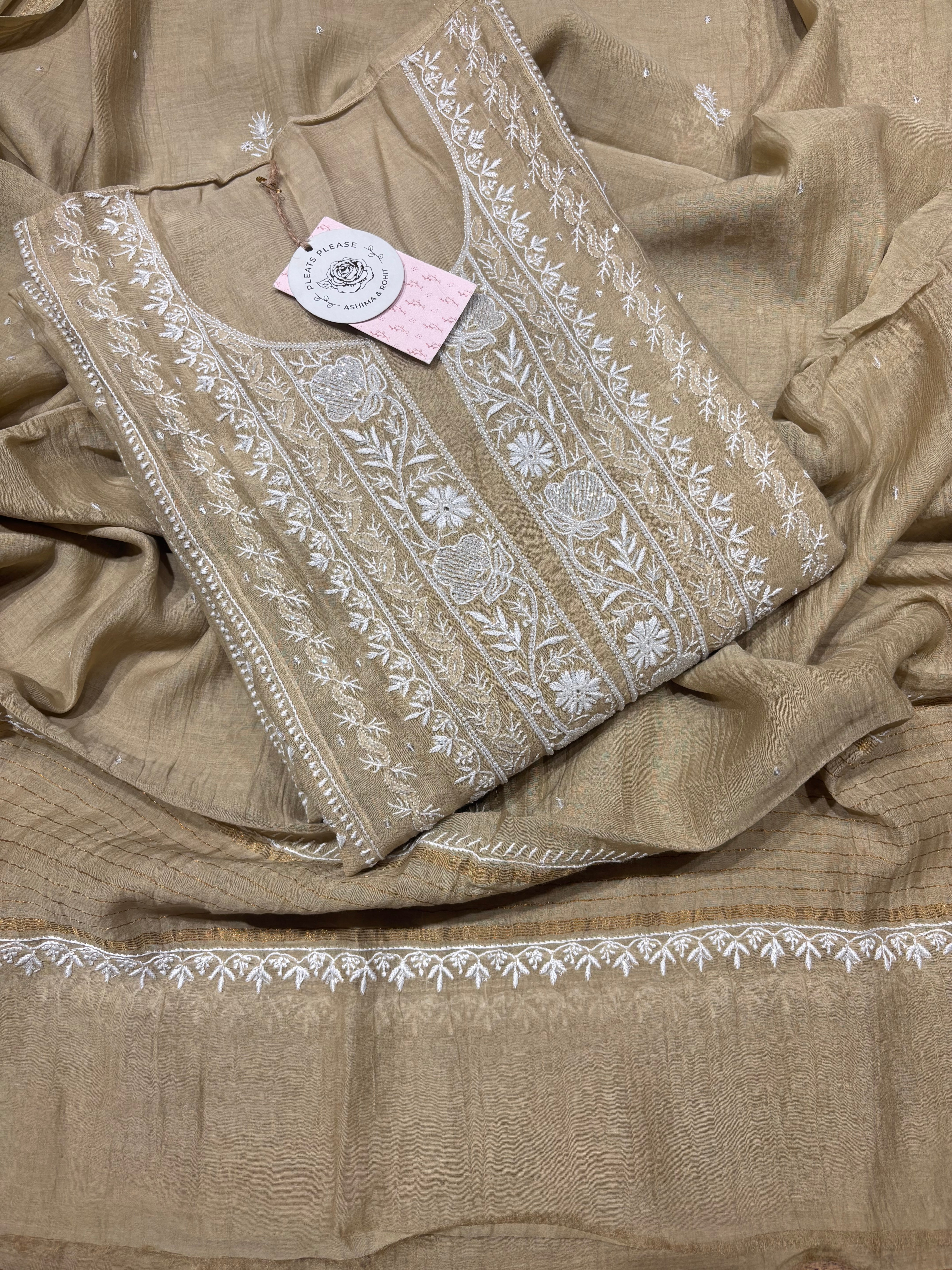 Sand drift Chanderi Mul Chikankari Anarkali and Dupatta set