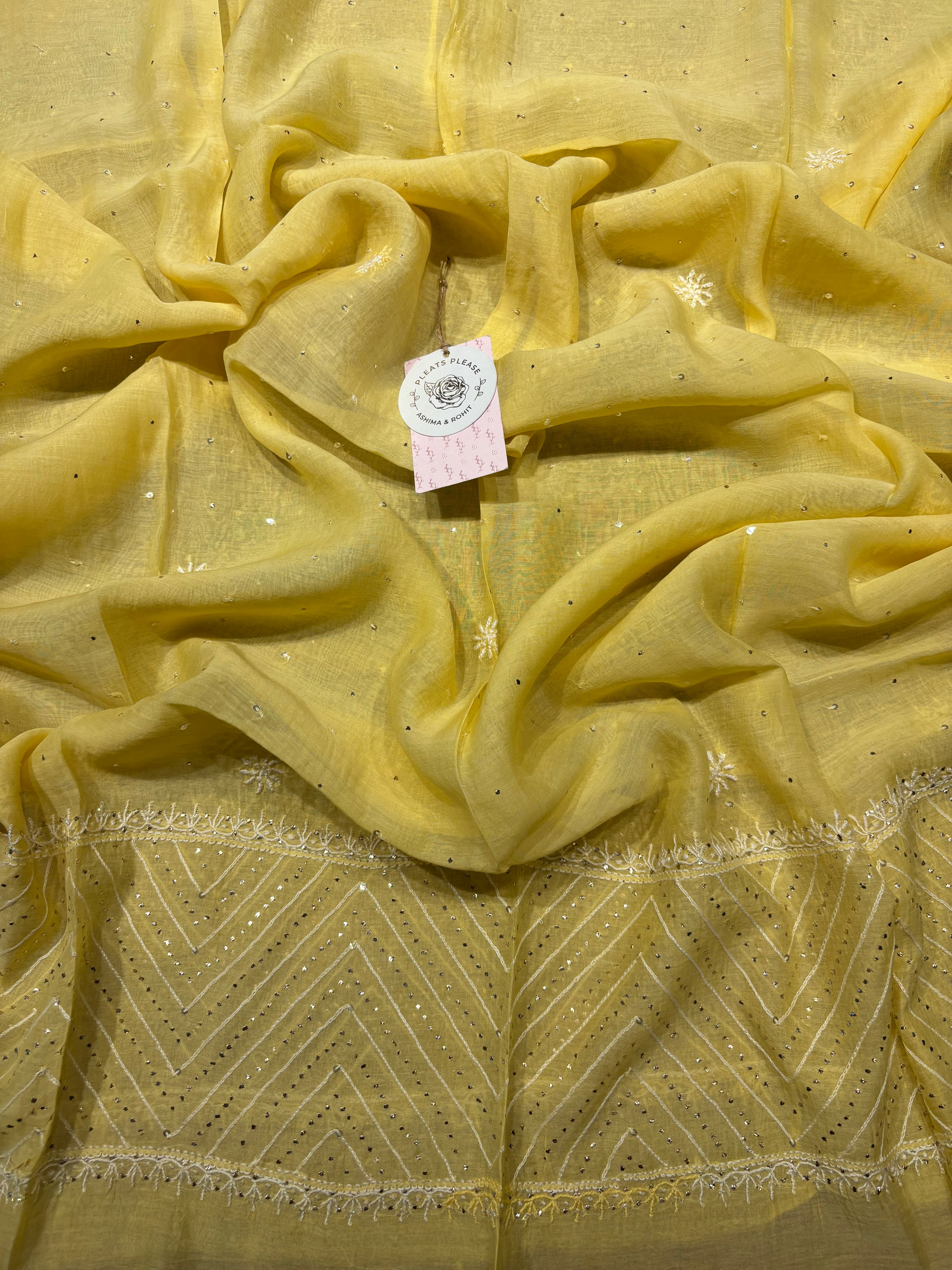 Yellow Chanderi Mul Chikankari & Mukaish Anarkali And Dupatta set
