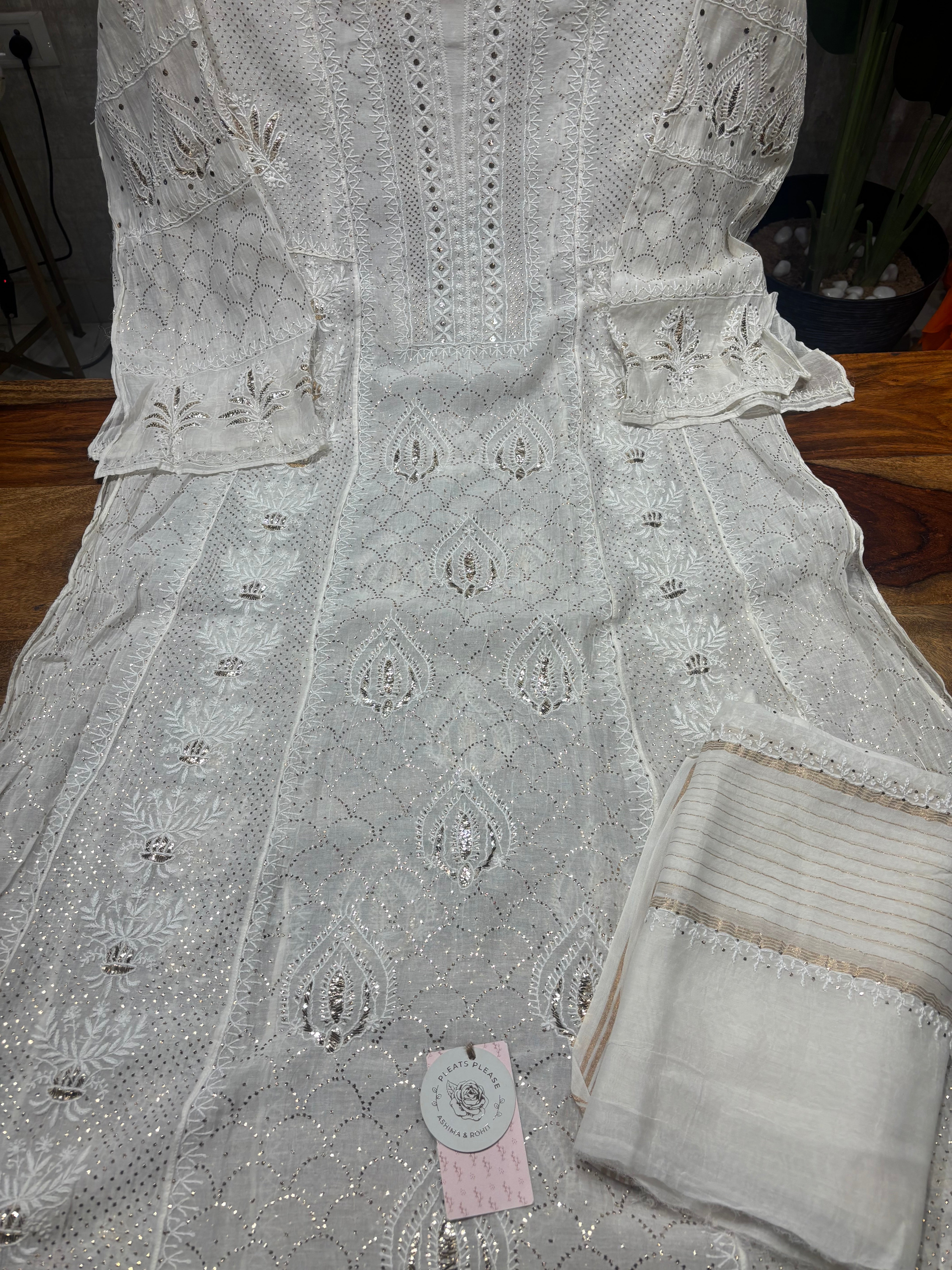 Dyeable Chanderi Mul Chikankari & Mukaish Anarakli and Dupatta Set