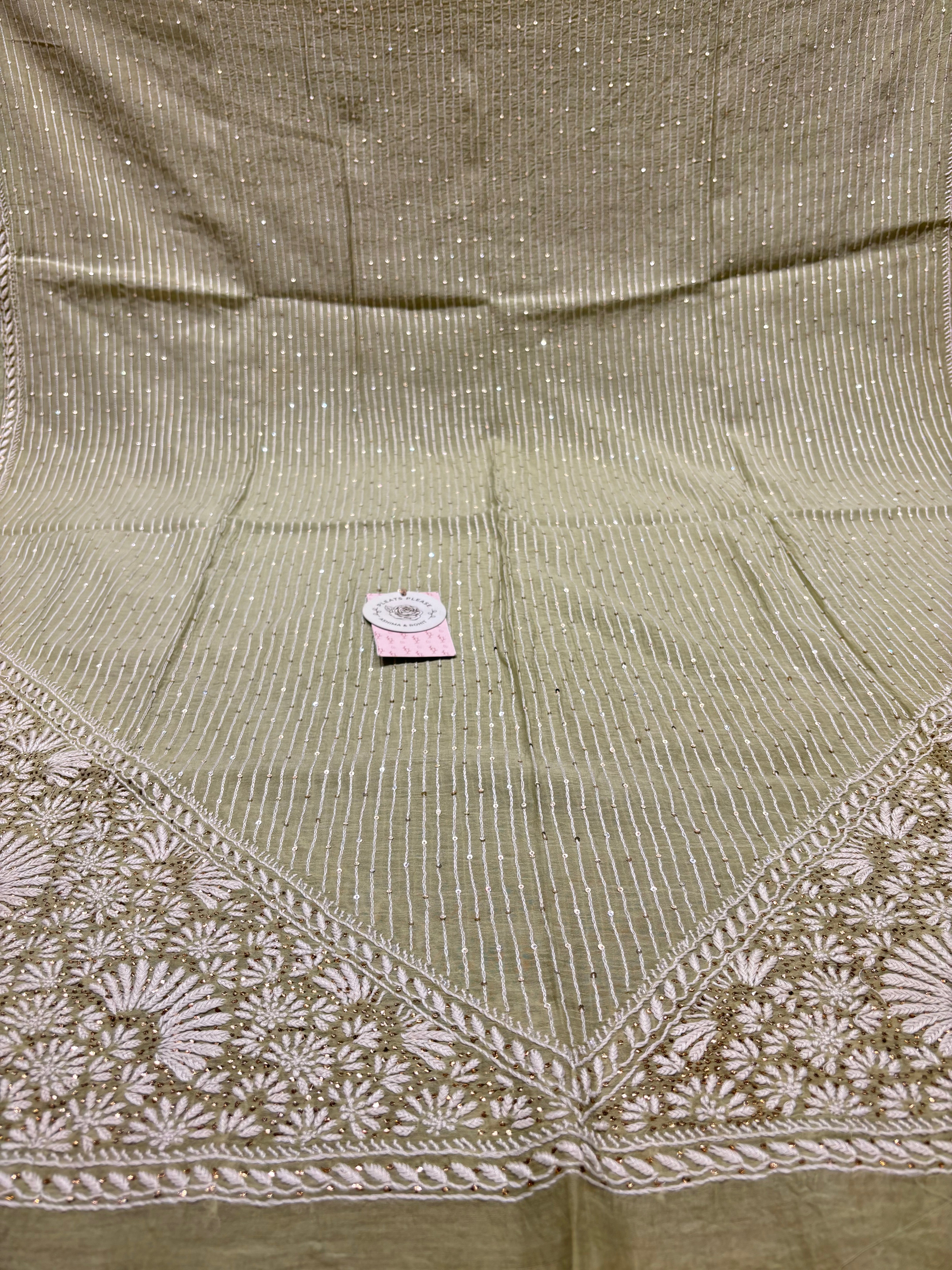 Green Chanderi Mul Chikankari & Mukaish Kurta & Dupatta Set