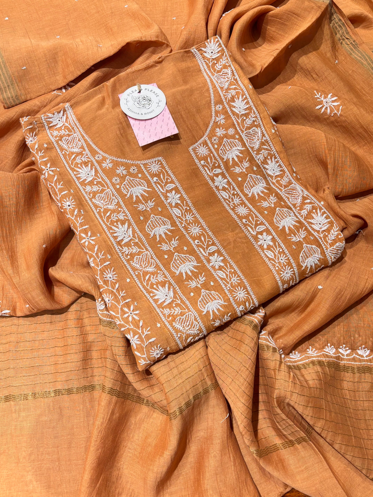 Caramel Brown Chanderi Mul Chikankari A-Line Kurta & Dupatta