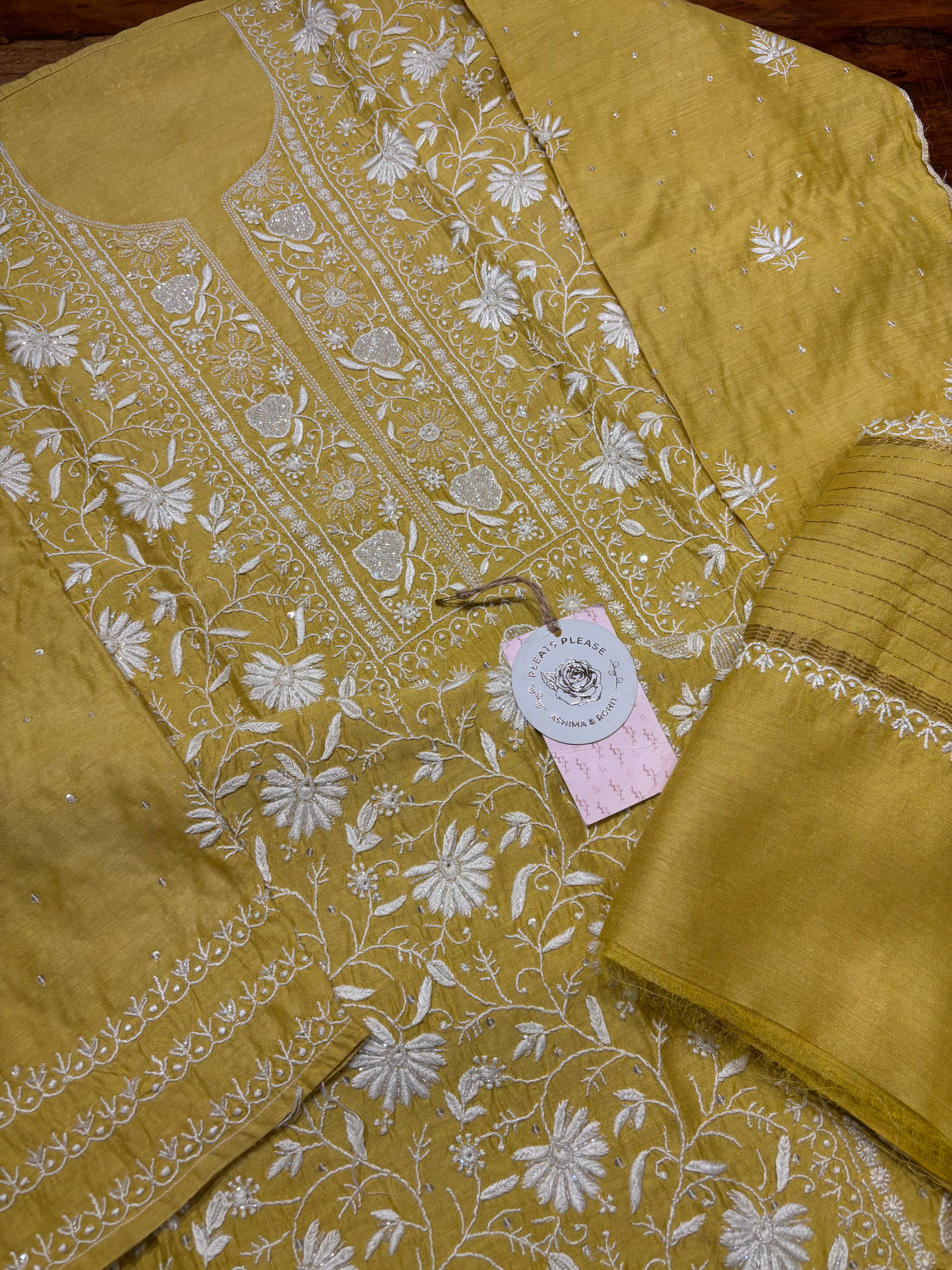 Yellow Monga Silk Chikankari Kurta and Dupatta set