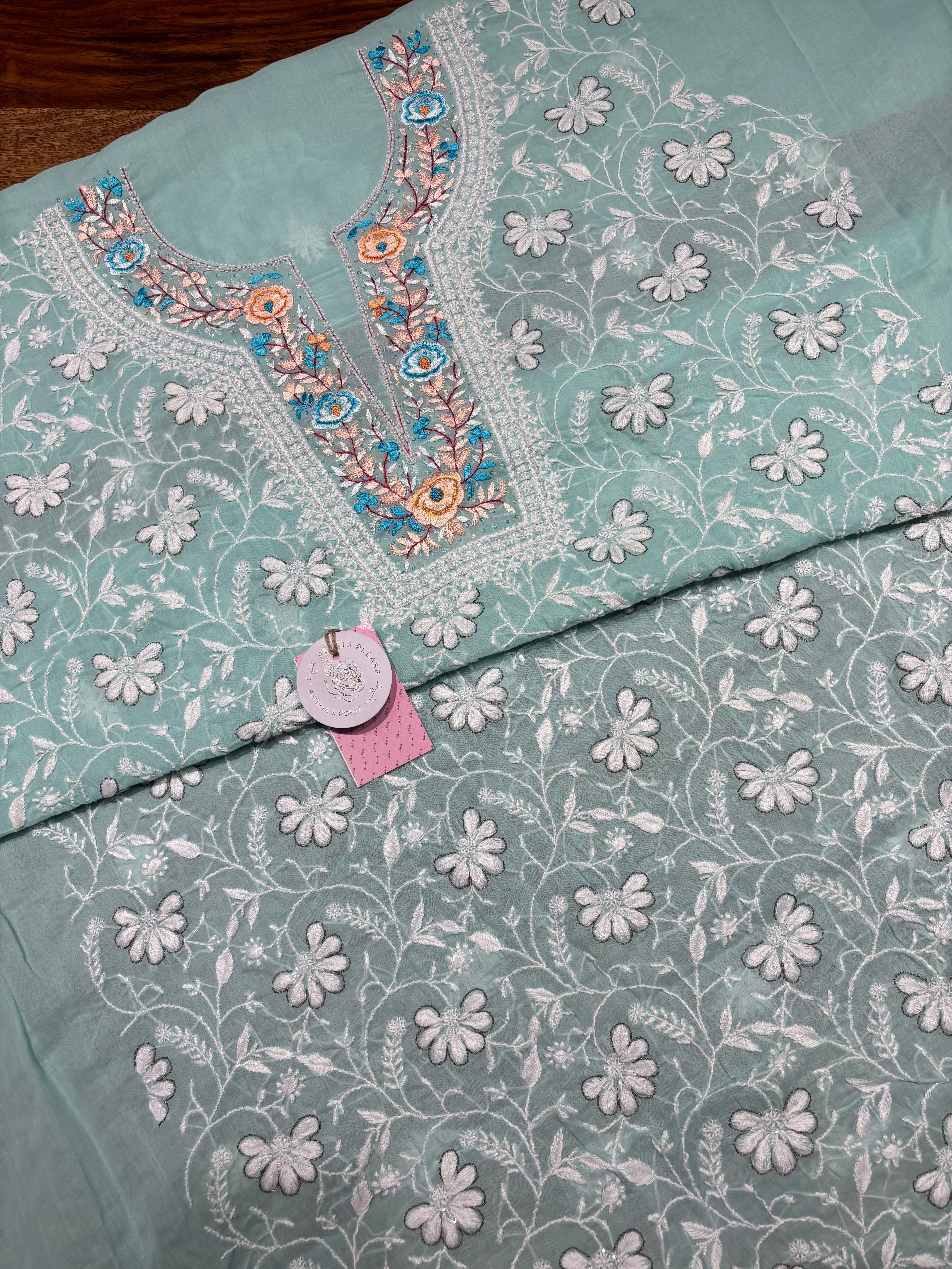 Mint Green Cotton Chikankari Kurta Fabric