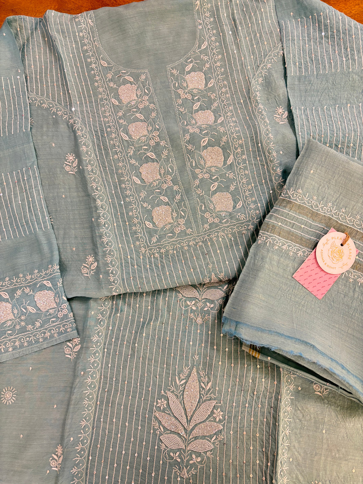 Pastel Mint Green Monga Silk Chikankari Kurta & Dupatta - Pleats PleaseChikankari
