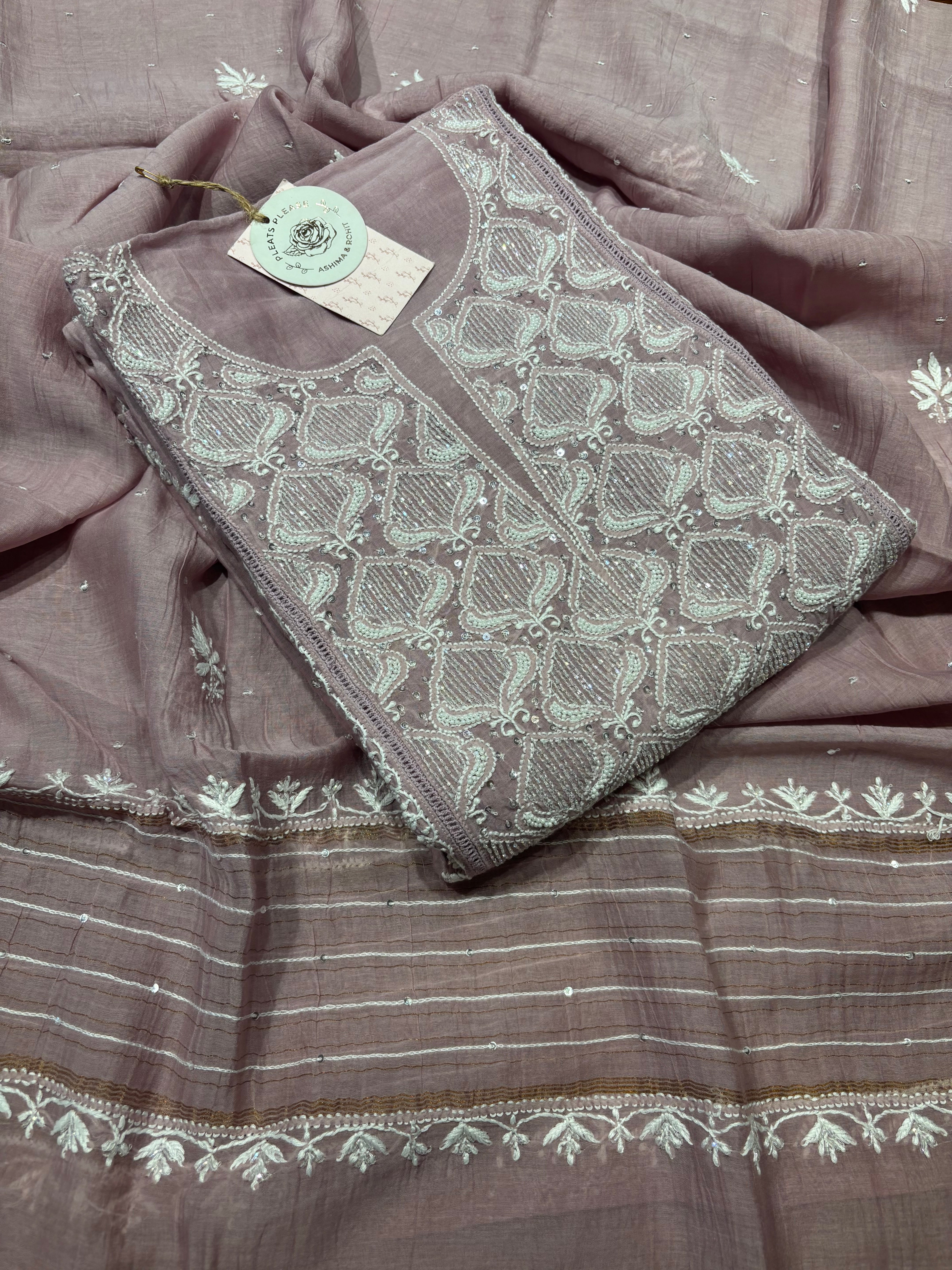 Lavender Latte Chanderi Mul Chikankari Kurta and Dupatta set
