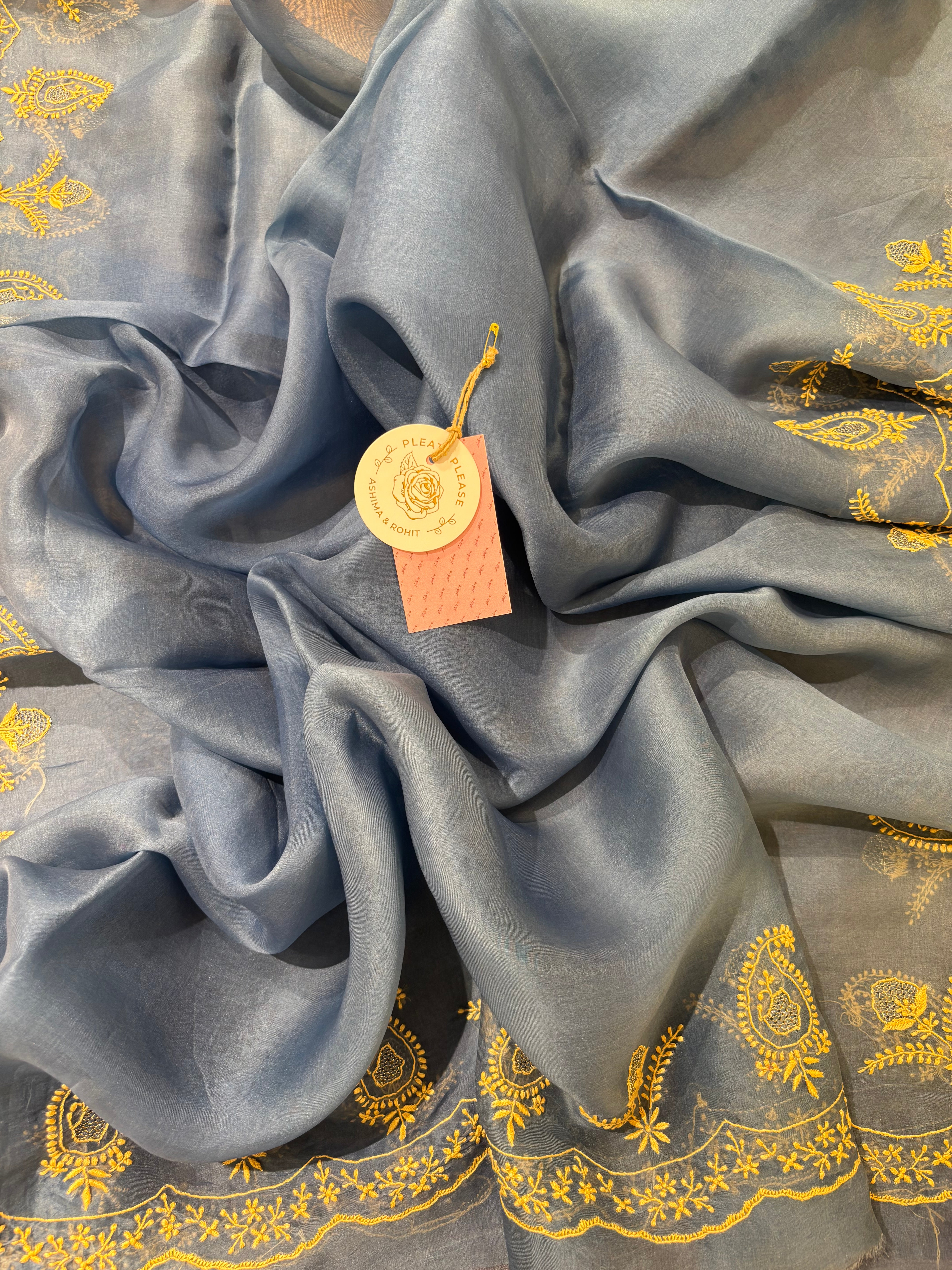 Steel Blue Chanderi Silk Chikankari Kurta & Organza Dupatta With Bottom