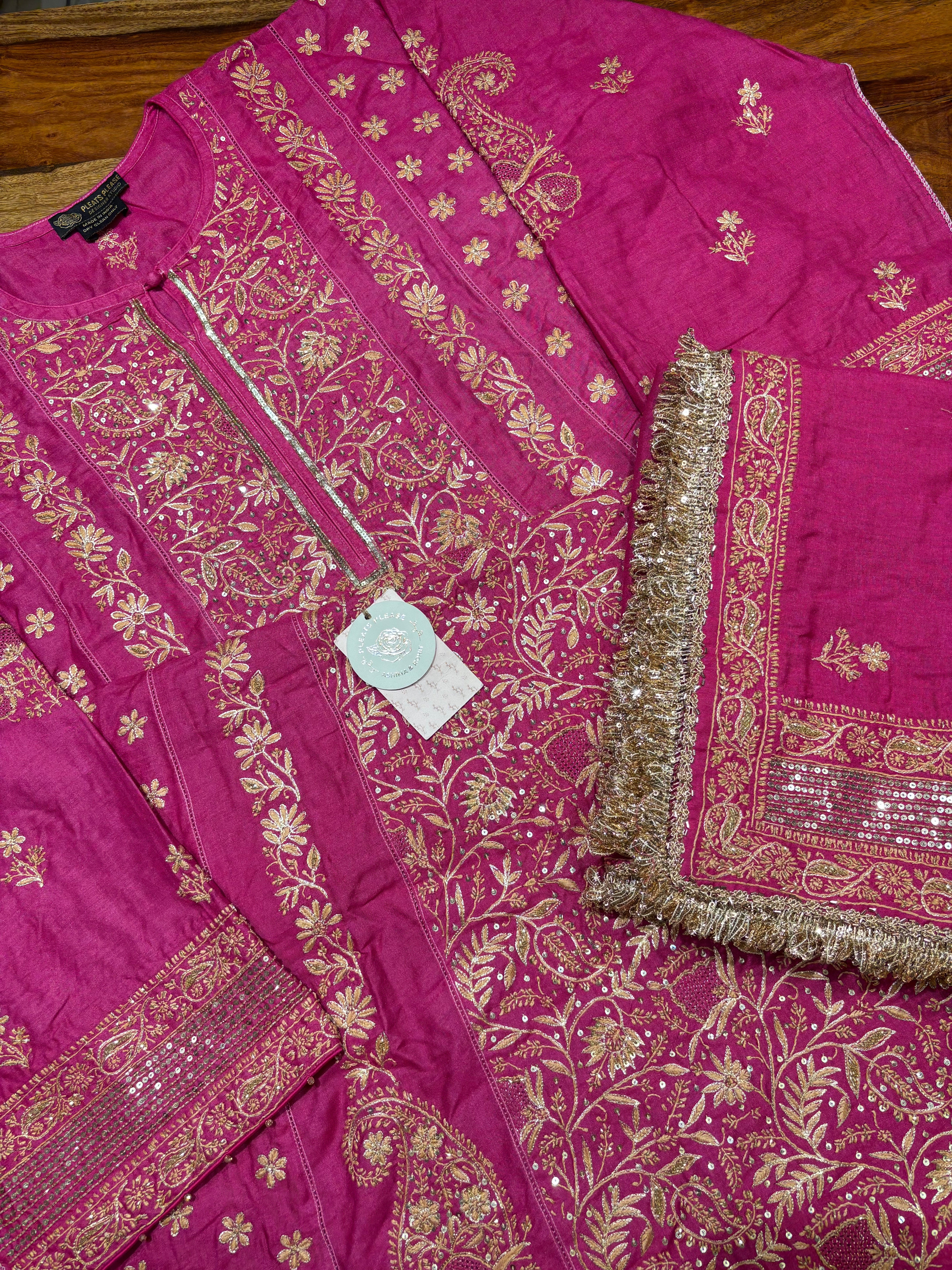 Fuschia Pink Monga Silk Chikankari A-Line Anarkali & Dupatta Set