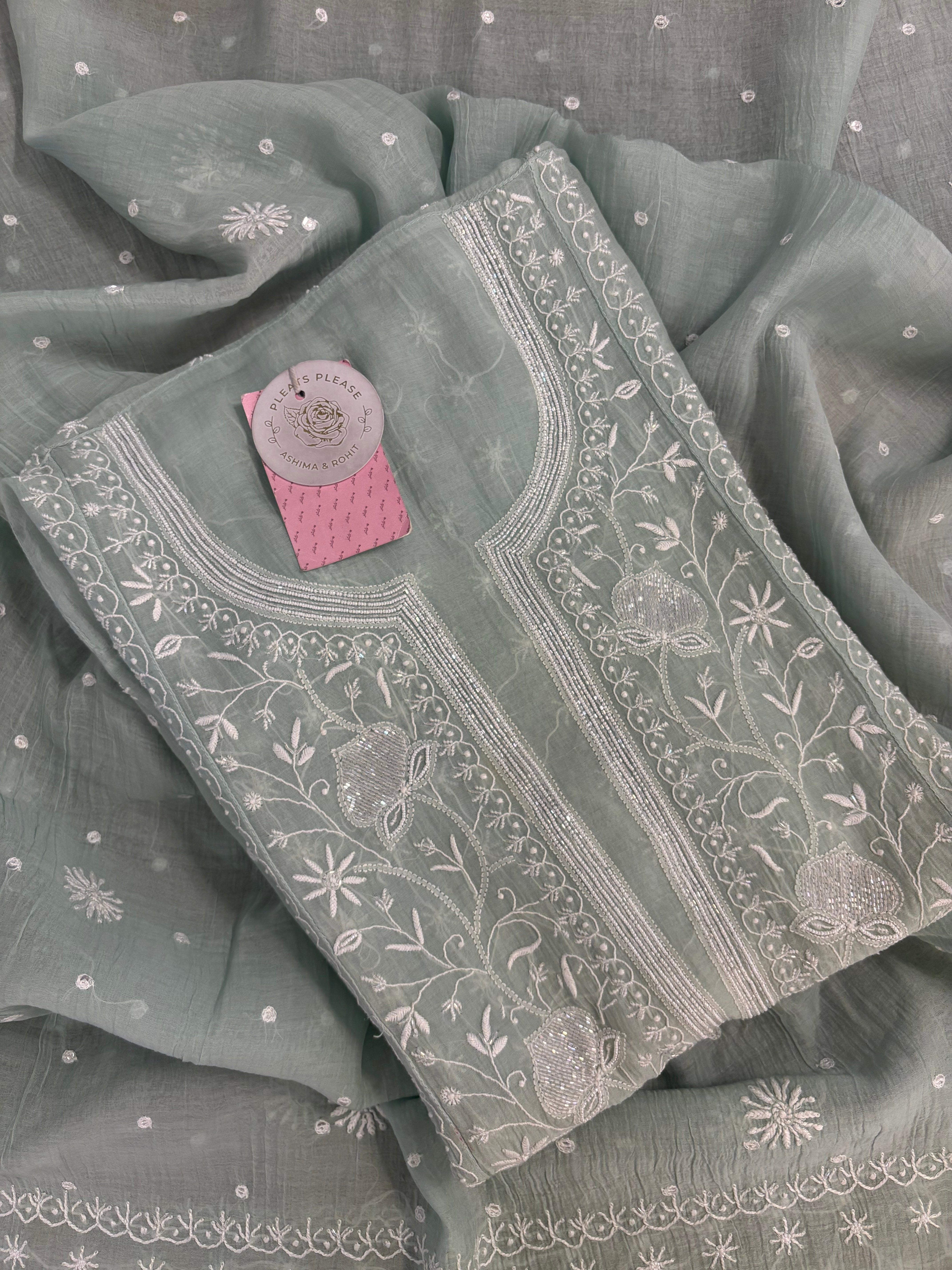 Seafoam Grey Chanderi Chikankari Kurta & Dupatta