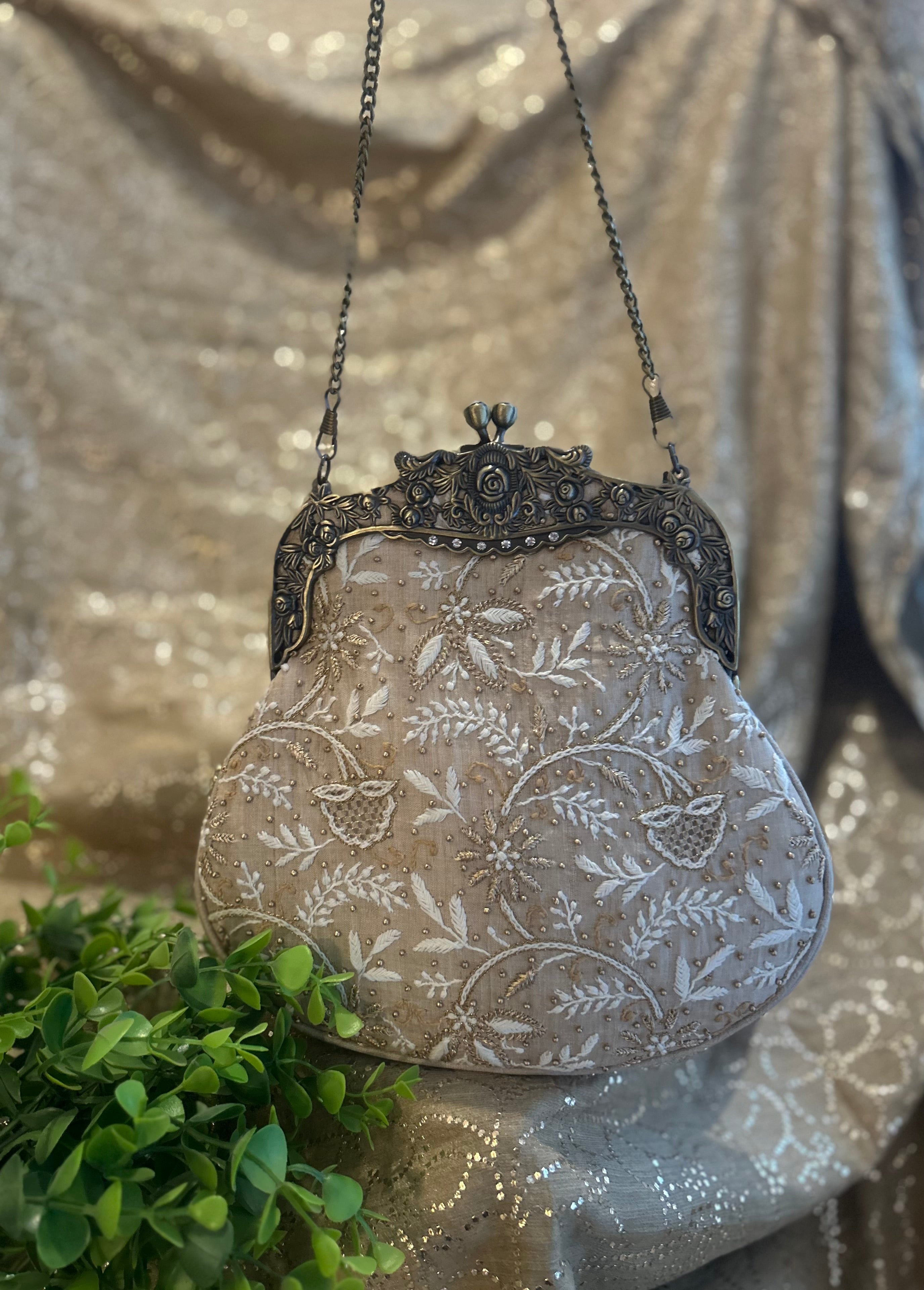 Beige Chikankari Clutch Bag
