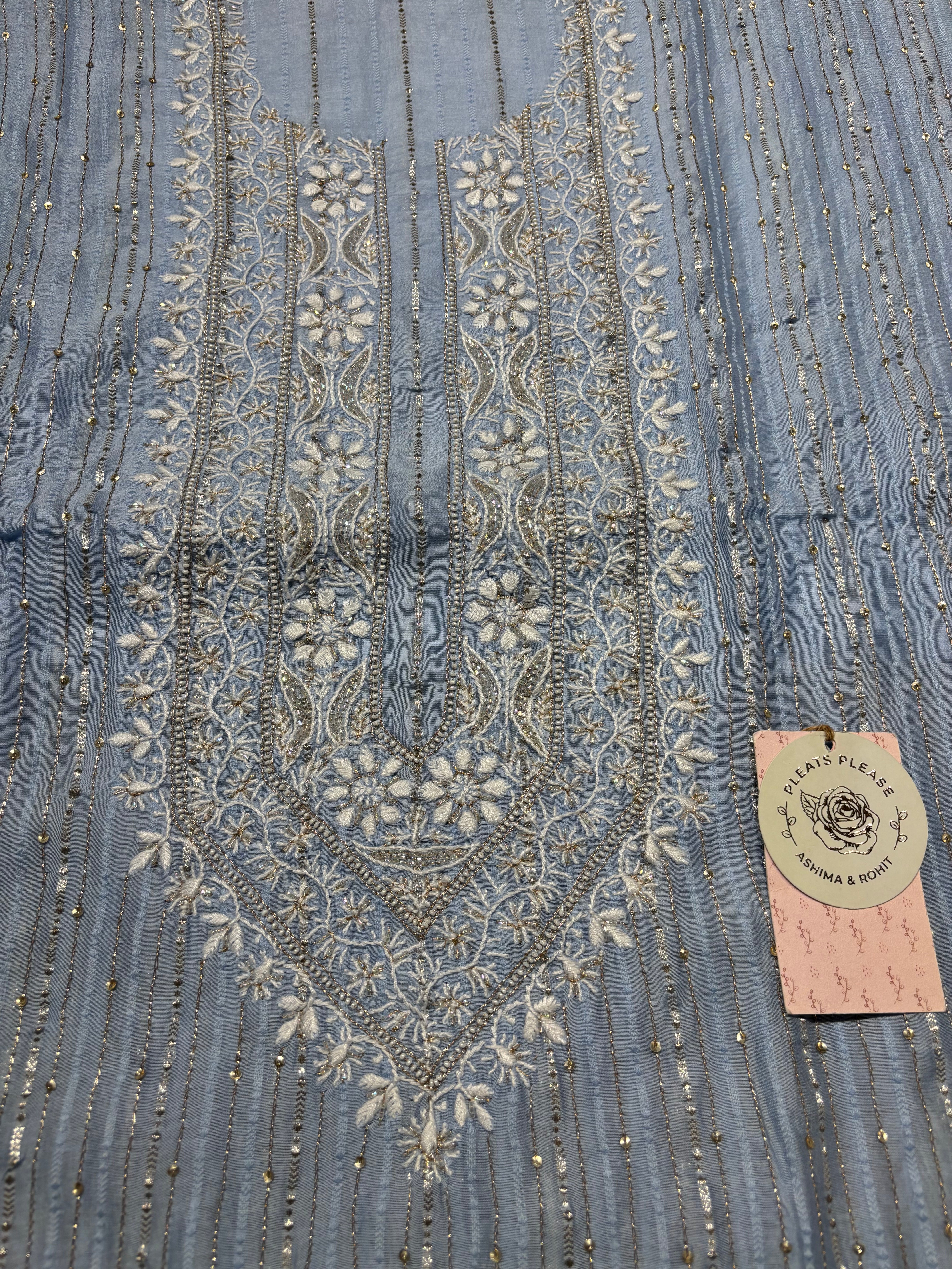 Blue Chanderi Silk Chikankari Men’s Kurta Fabric