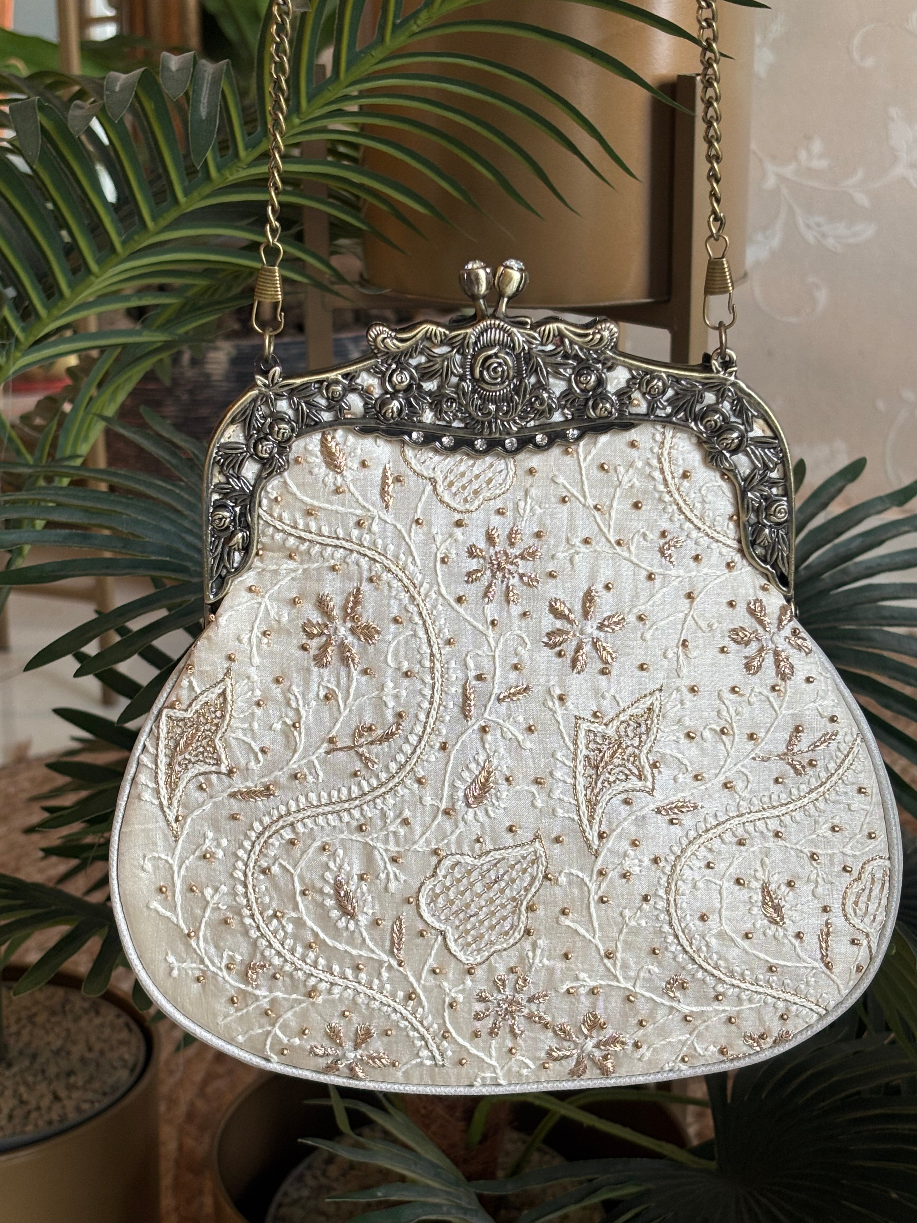 Ivory Silk Chikankari Clutch