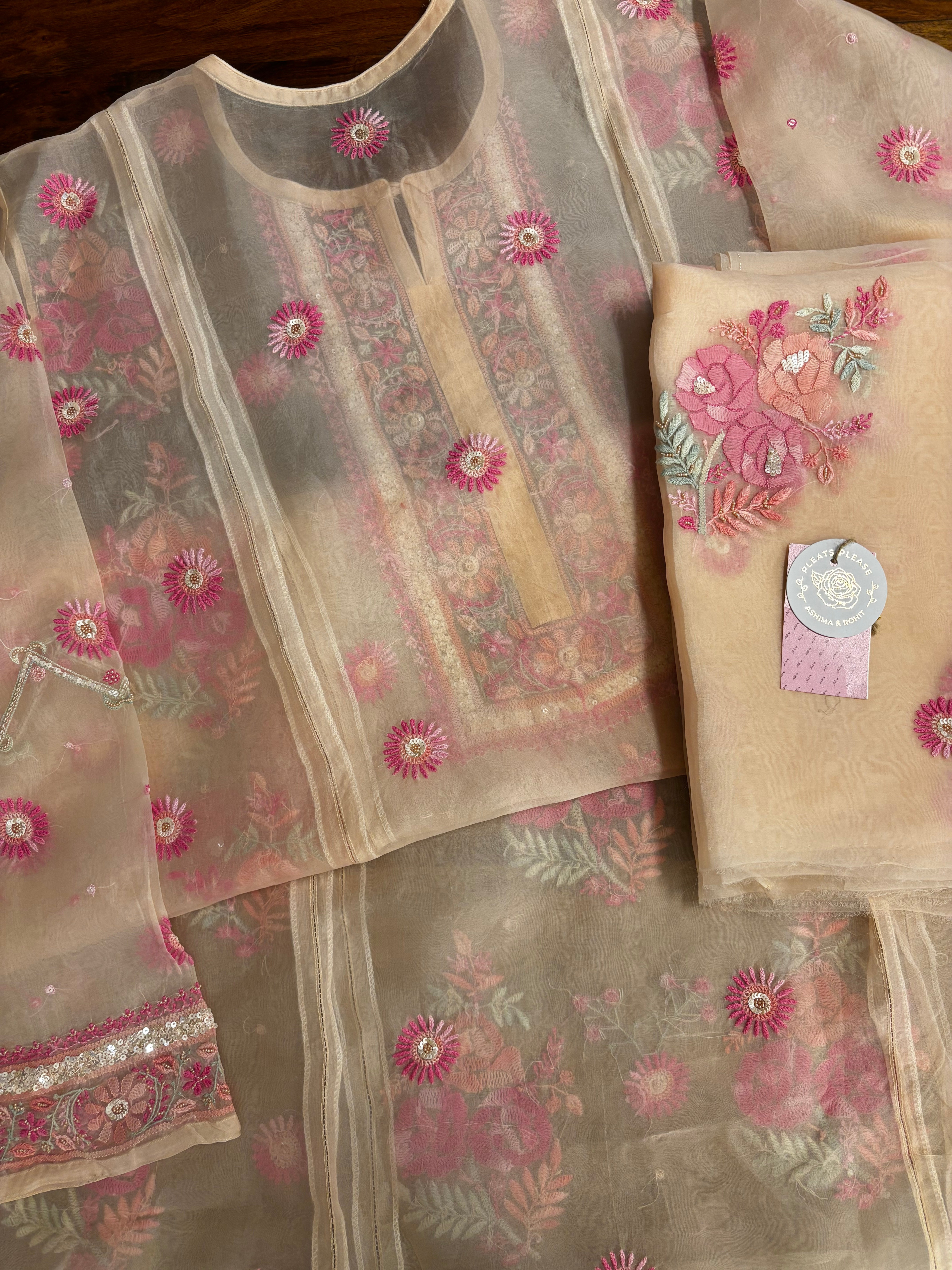 Pastle Peach Pure Organza Chikankari Kurta & Dupatta - Pleats PleaseChikankari