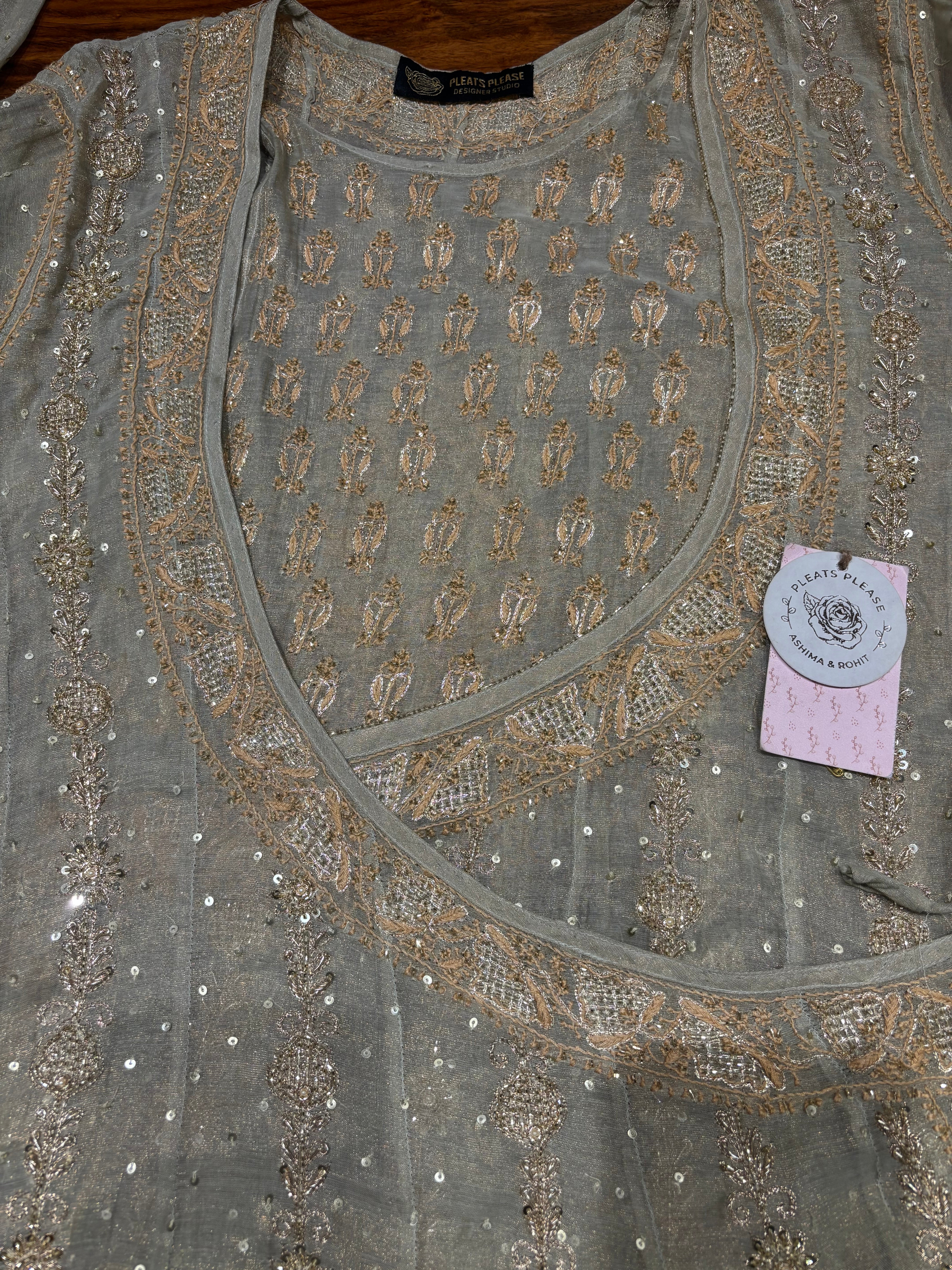 Cardamom Green Pure & Premium Tissue Chikankari Angrakha & Dupatta Set