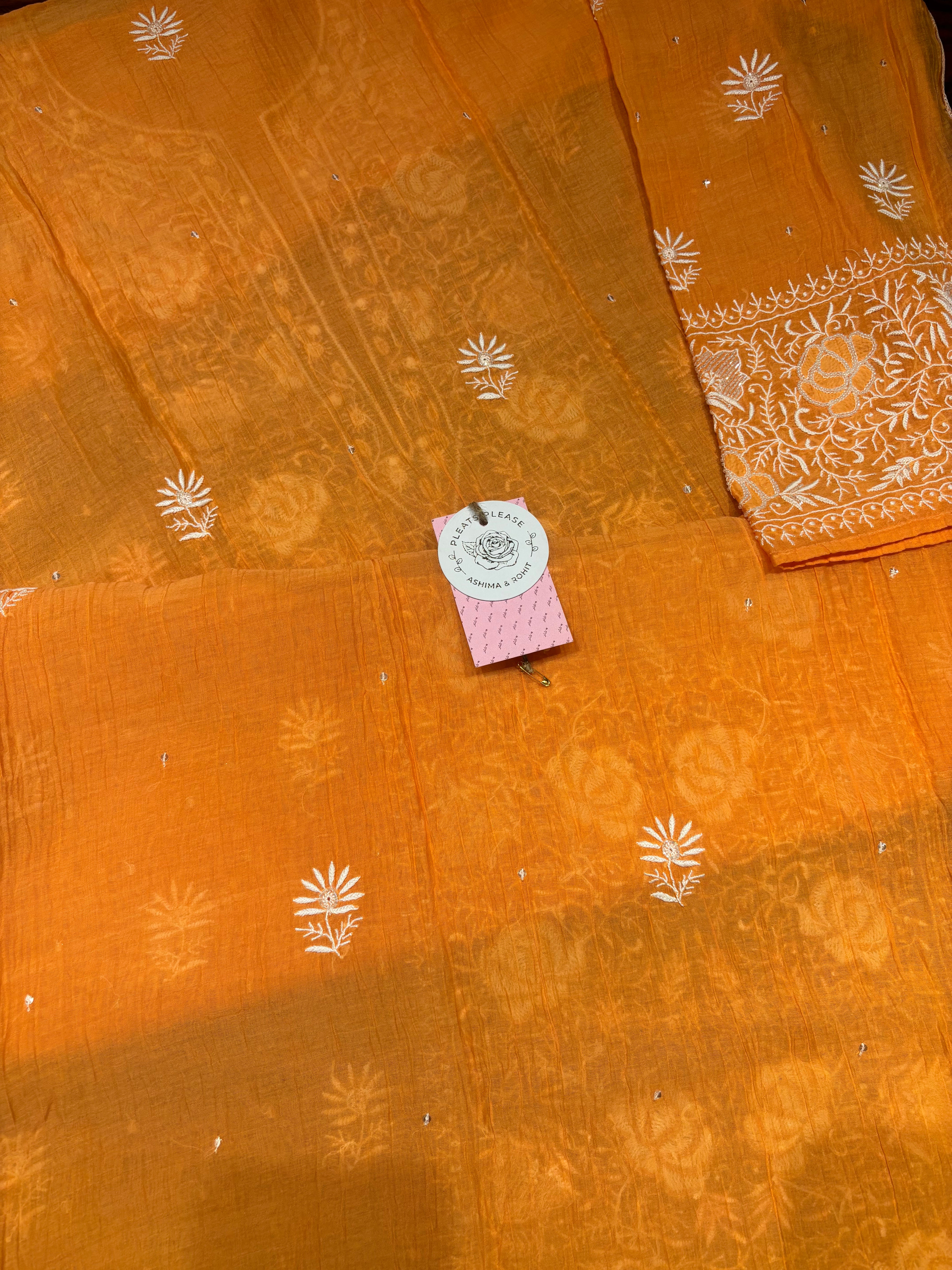 Orange Chanderi Mul Chikankari Kurta and Dupatta Set