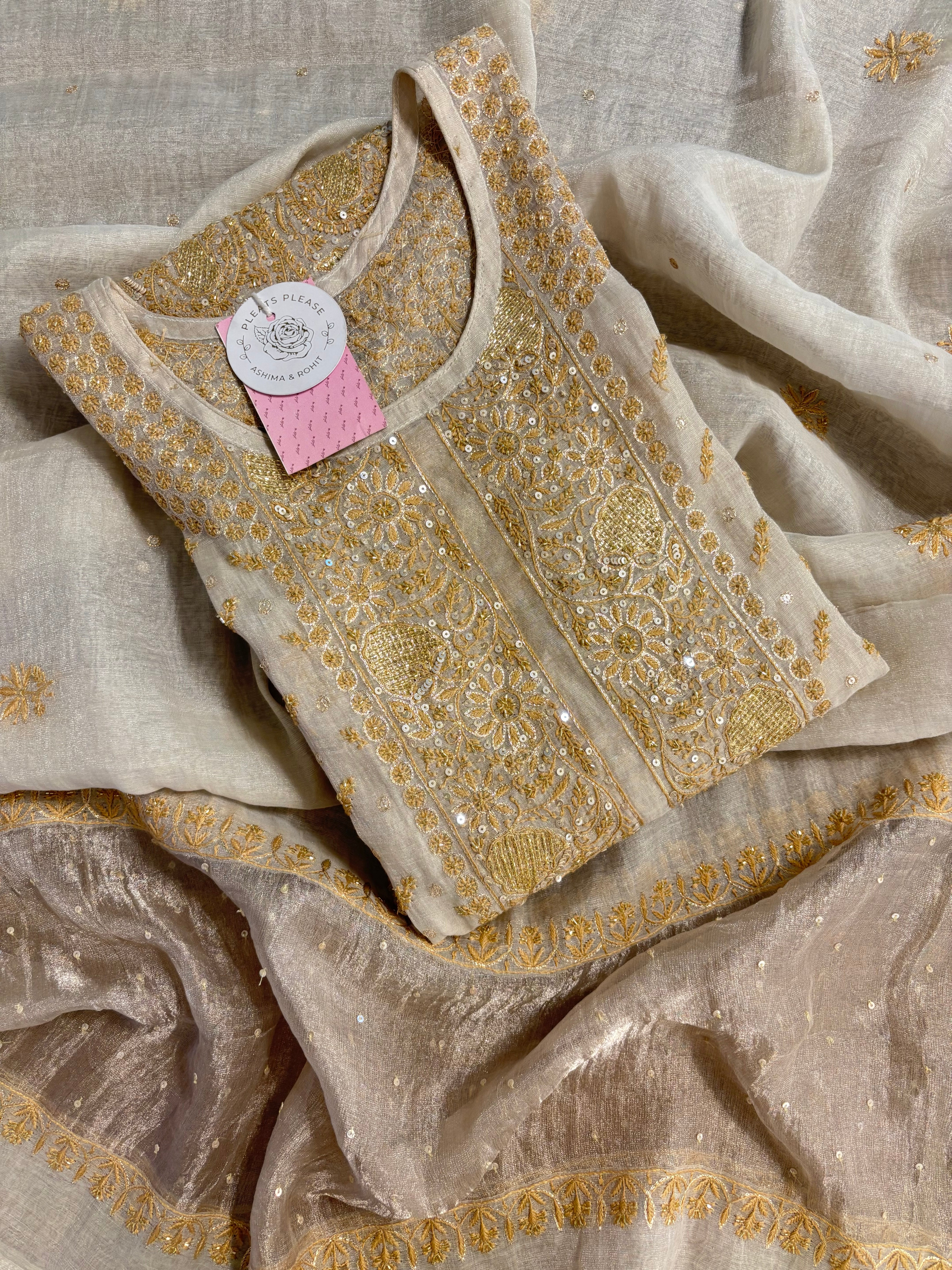 Dyeable Pure & Premium Silver Tissue Chikankari Kurta & Dupatta