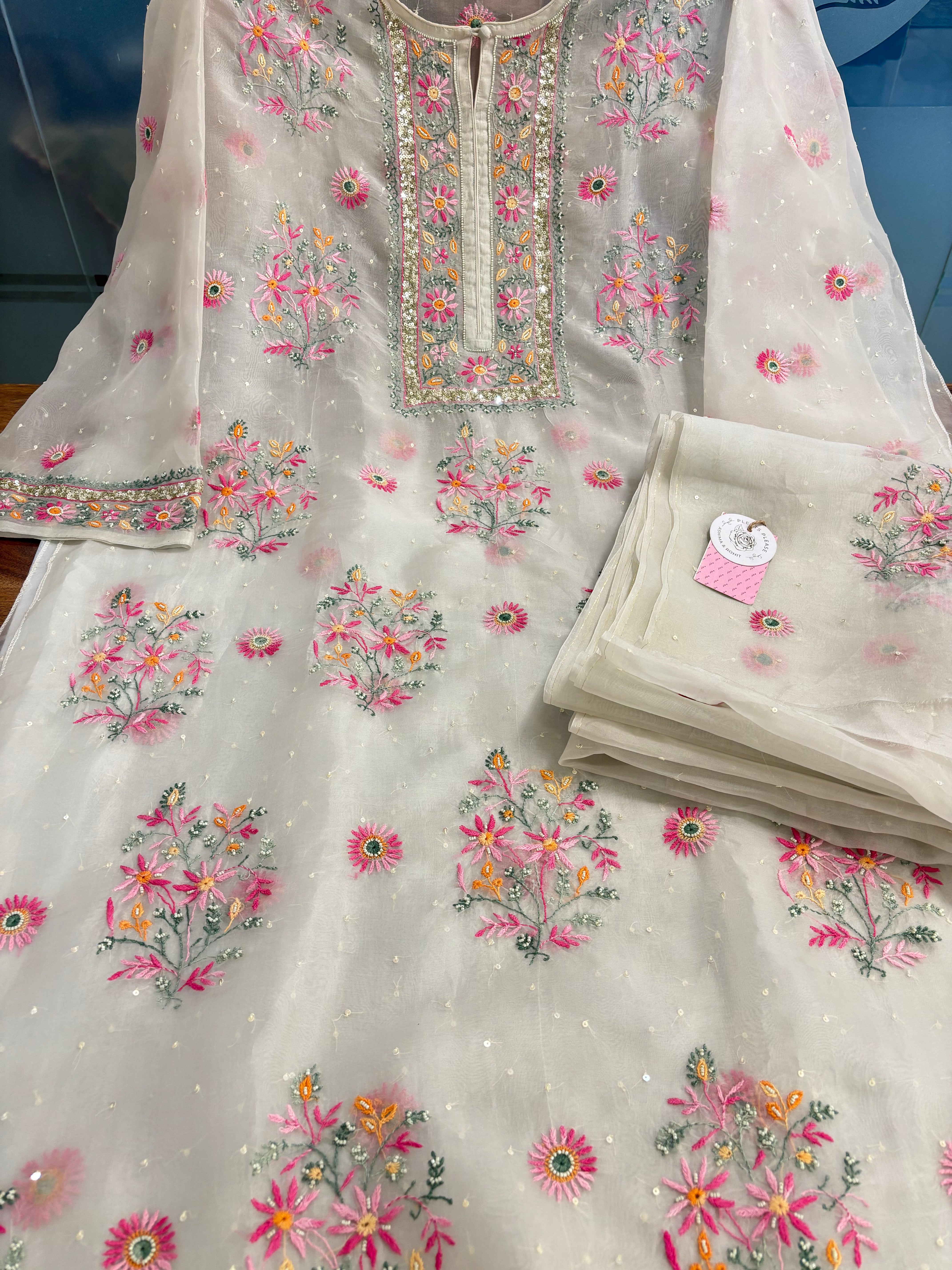 Ivory Cream Pure Organza Chikankari Kurta & Dupatta