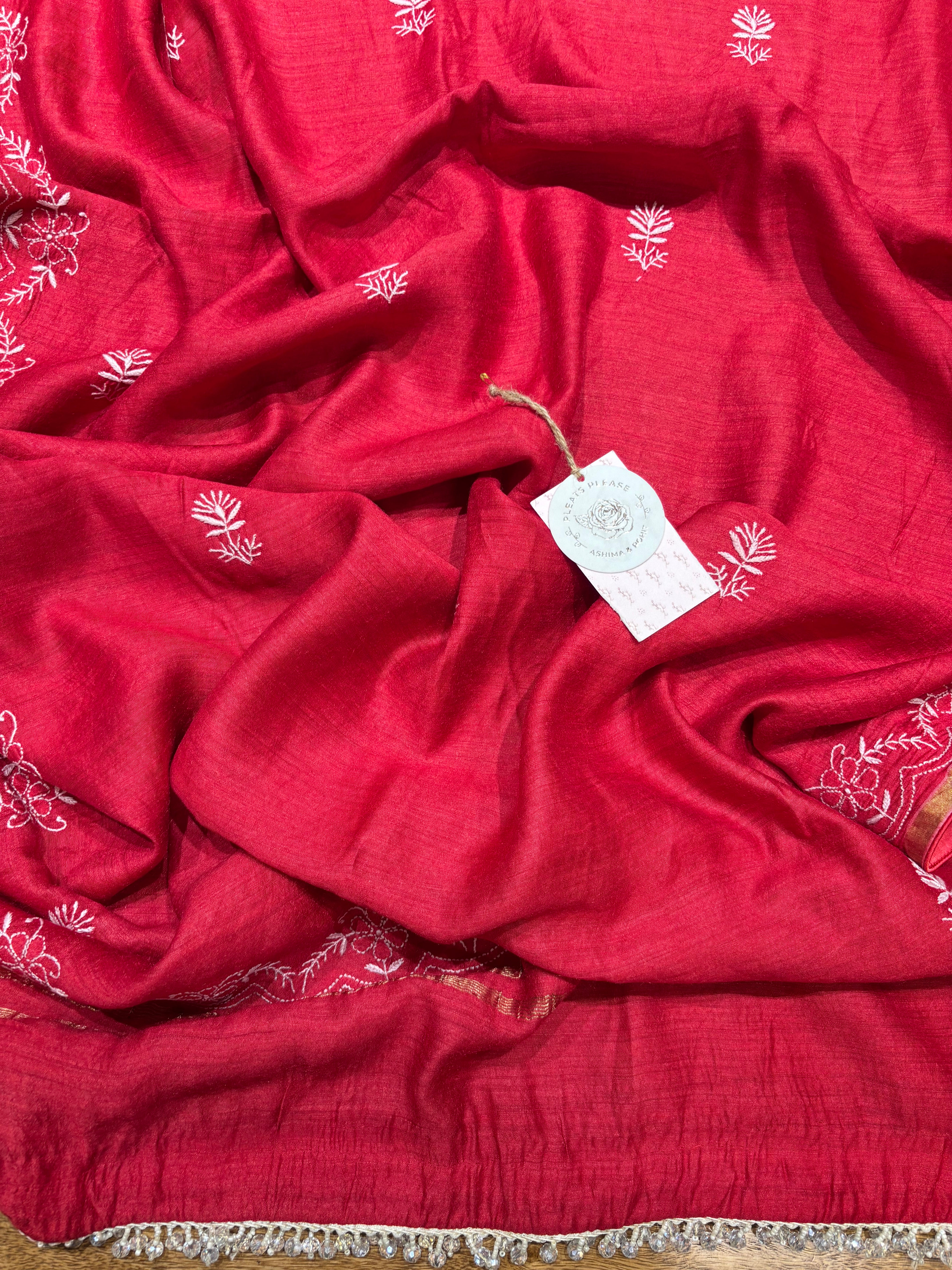 Crimson Red Monga Silk Chikankari Kurta And Dupatta Fabric