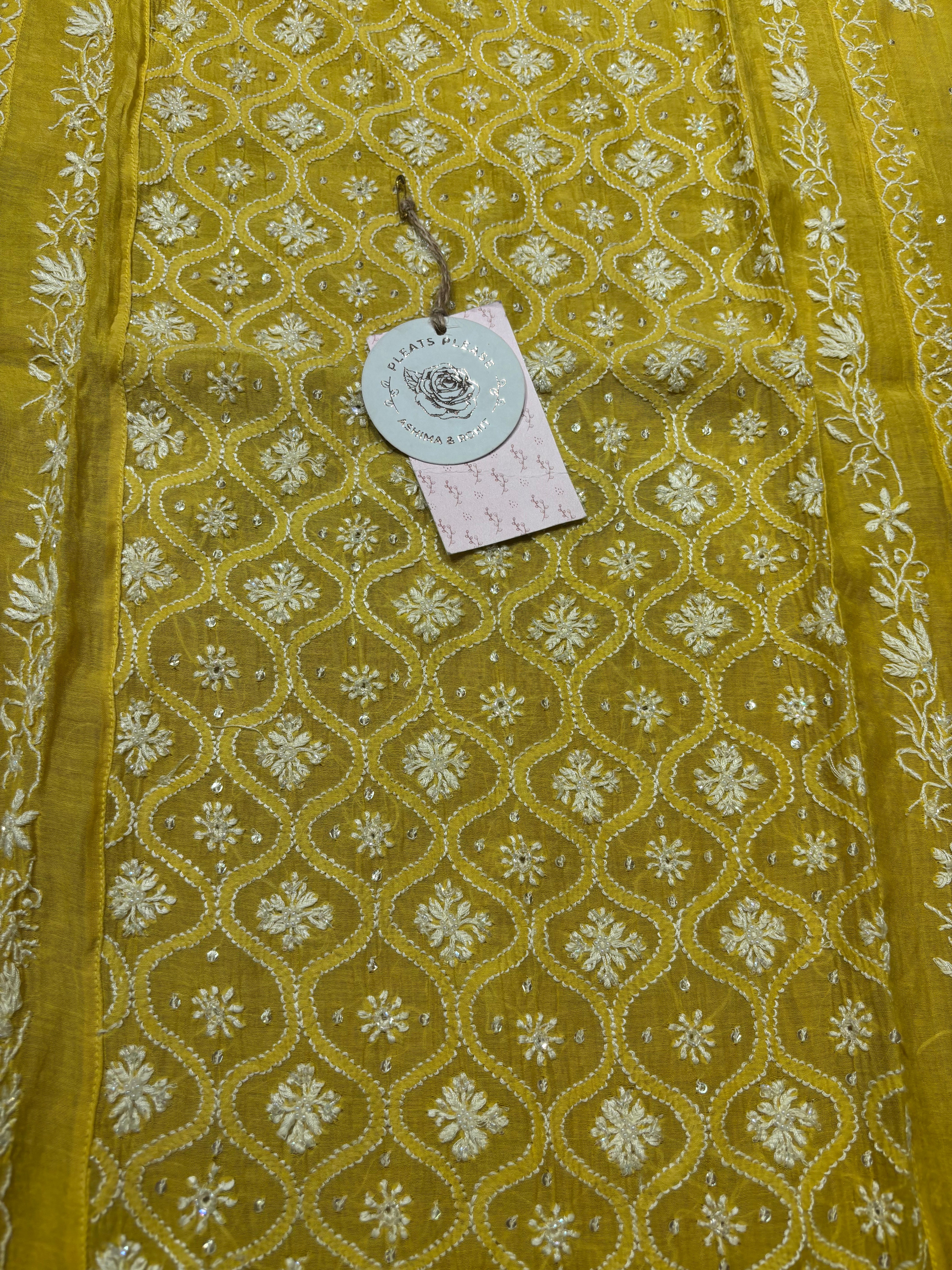 Yellow Chanderi Mul Chikankari kalidar Kurta and Dupatta set