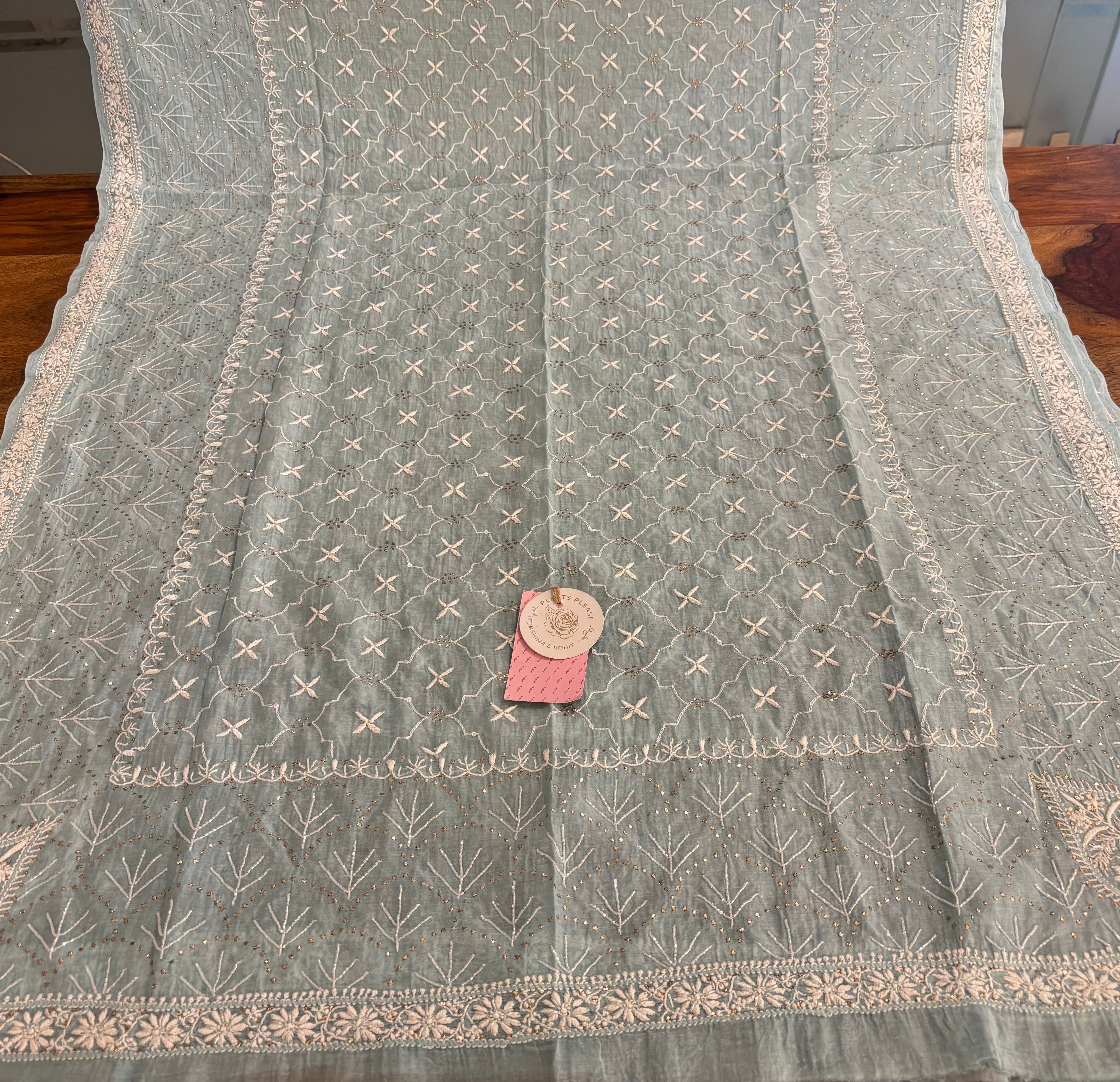 Ice Blue Chanderi Mul Chikankari Mukaish Kurta & Dupatta