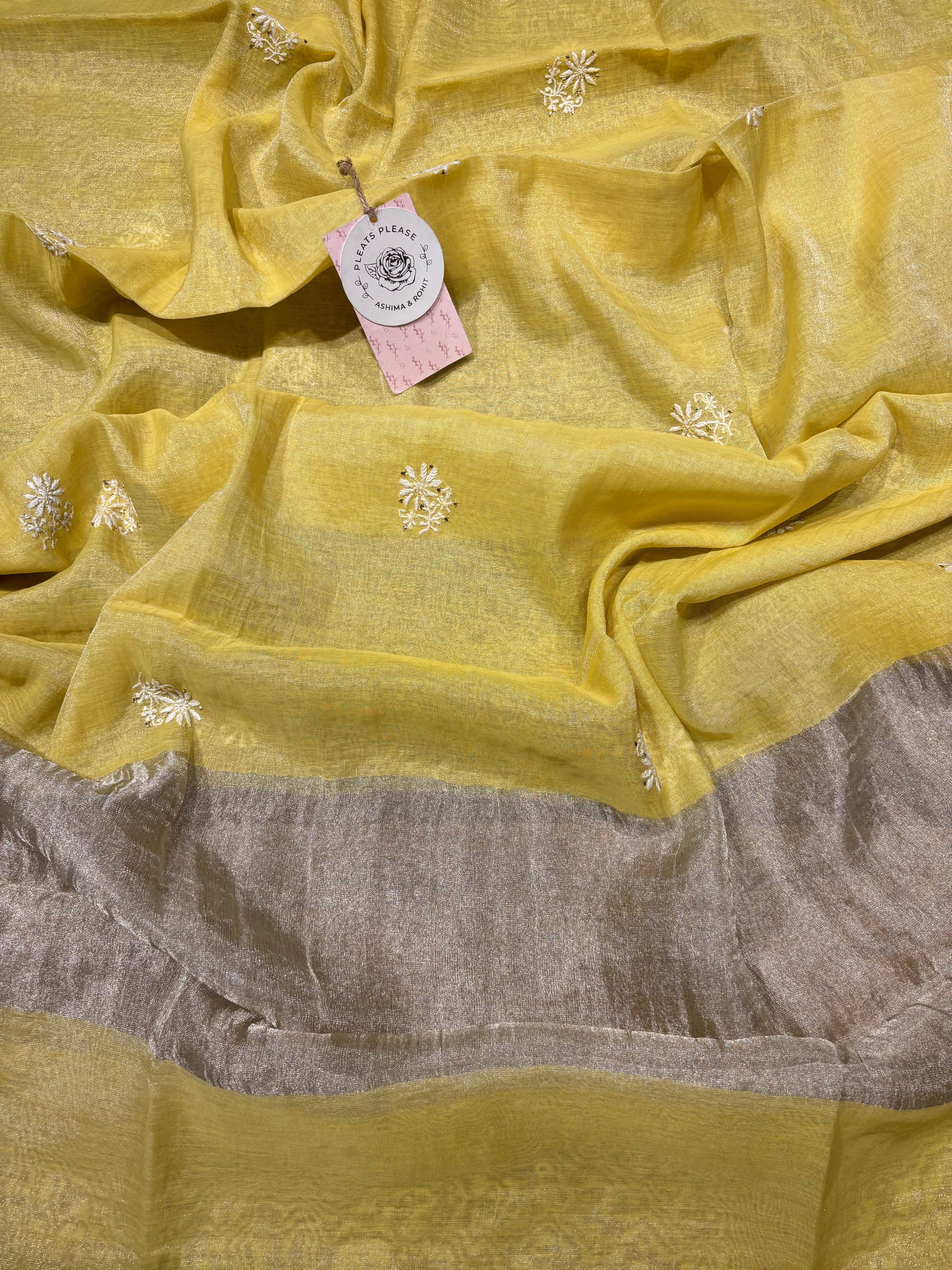 Lime yellow Pure Tissue Chikankari Kurta and Dupatta set