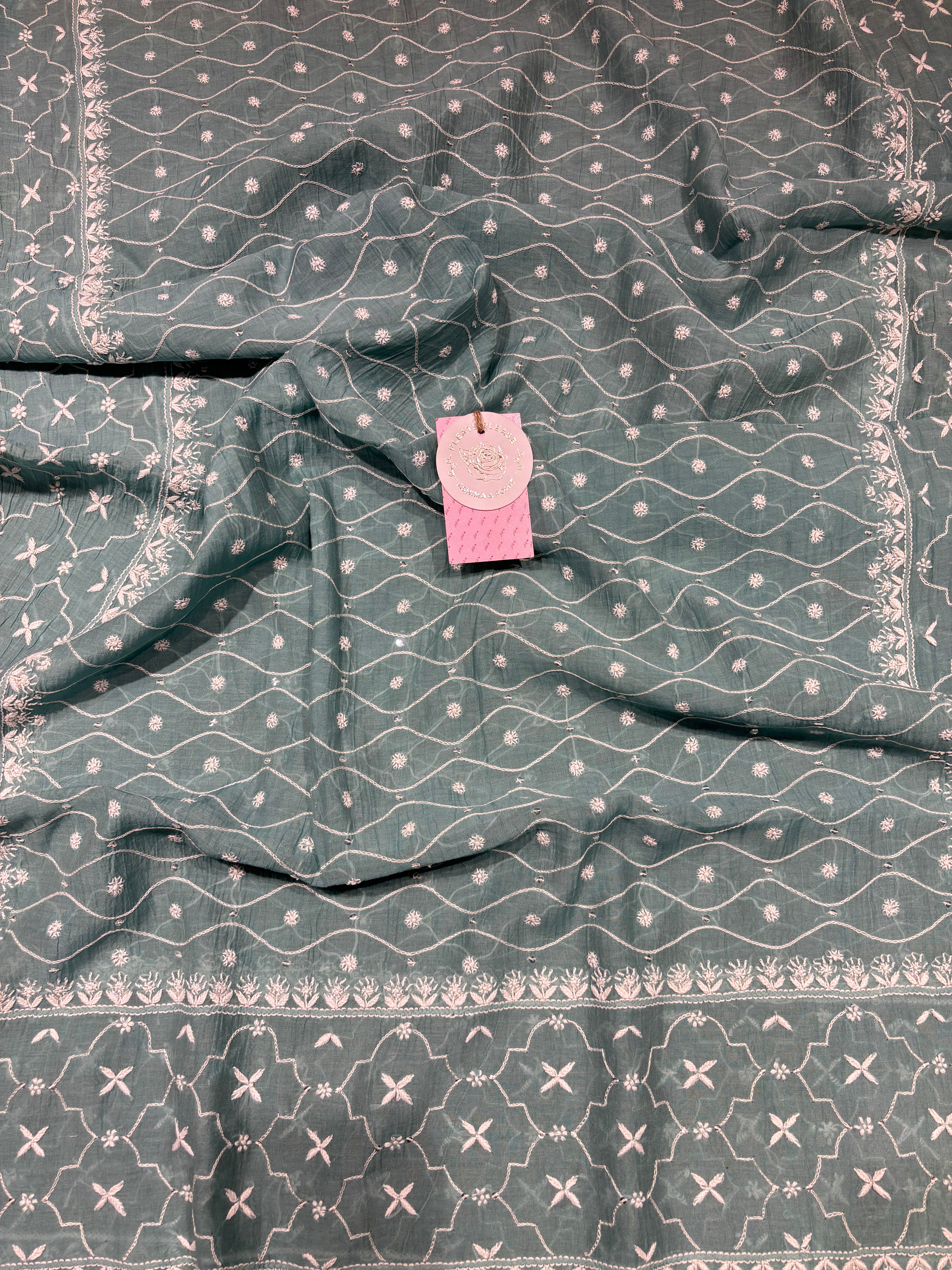 Turquoise Green Chanderi Mul Chikankari Anarkali & Dupatta Set