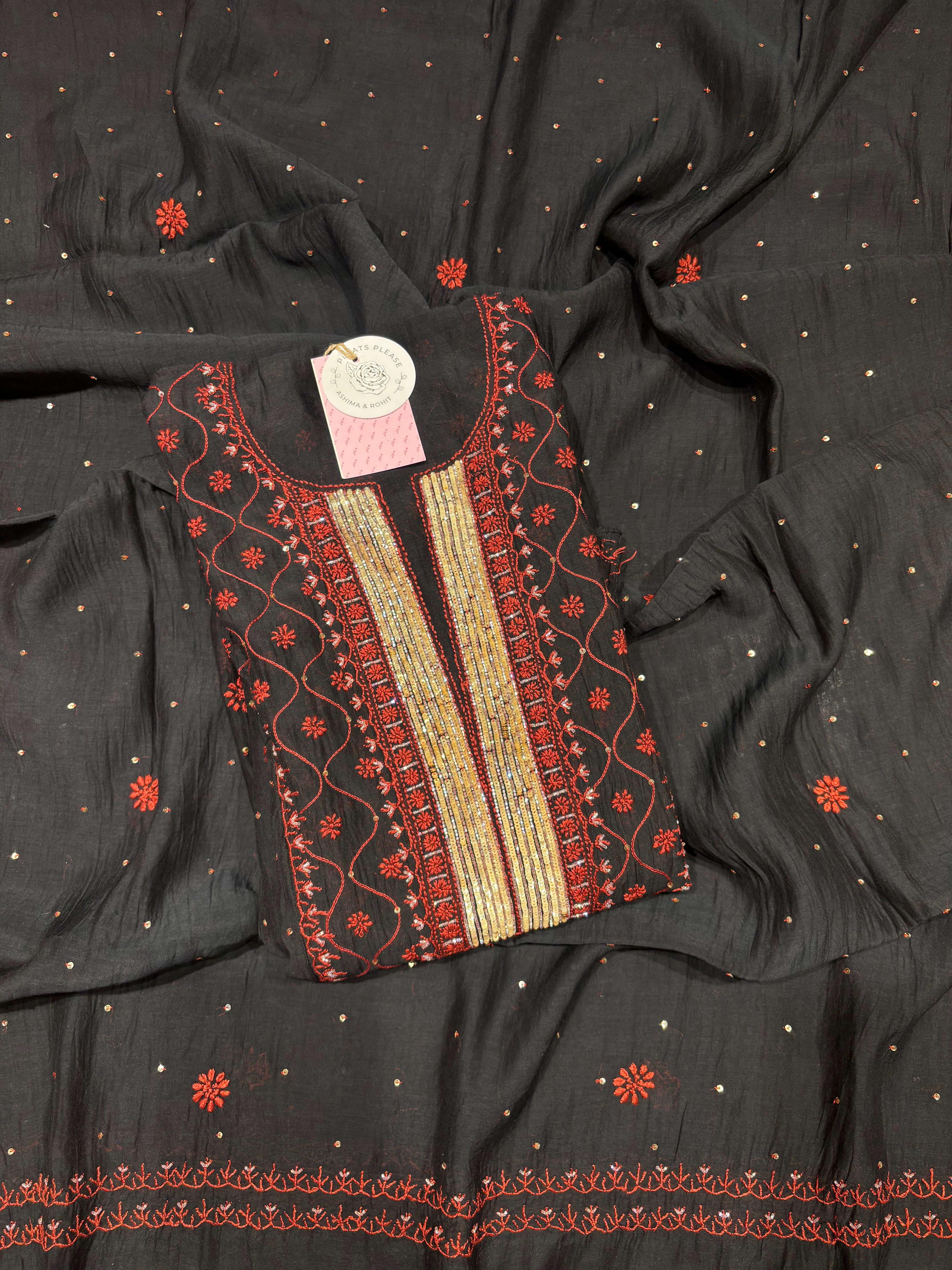 Black Chanderi Mul Chikankari Anarkali & Dupatta Set