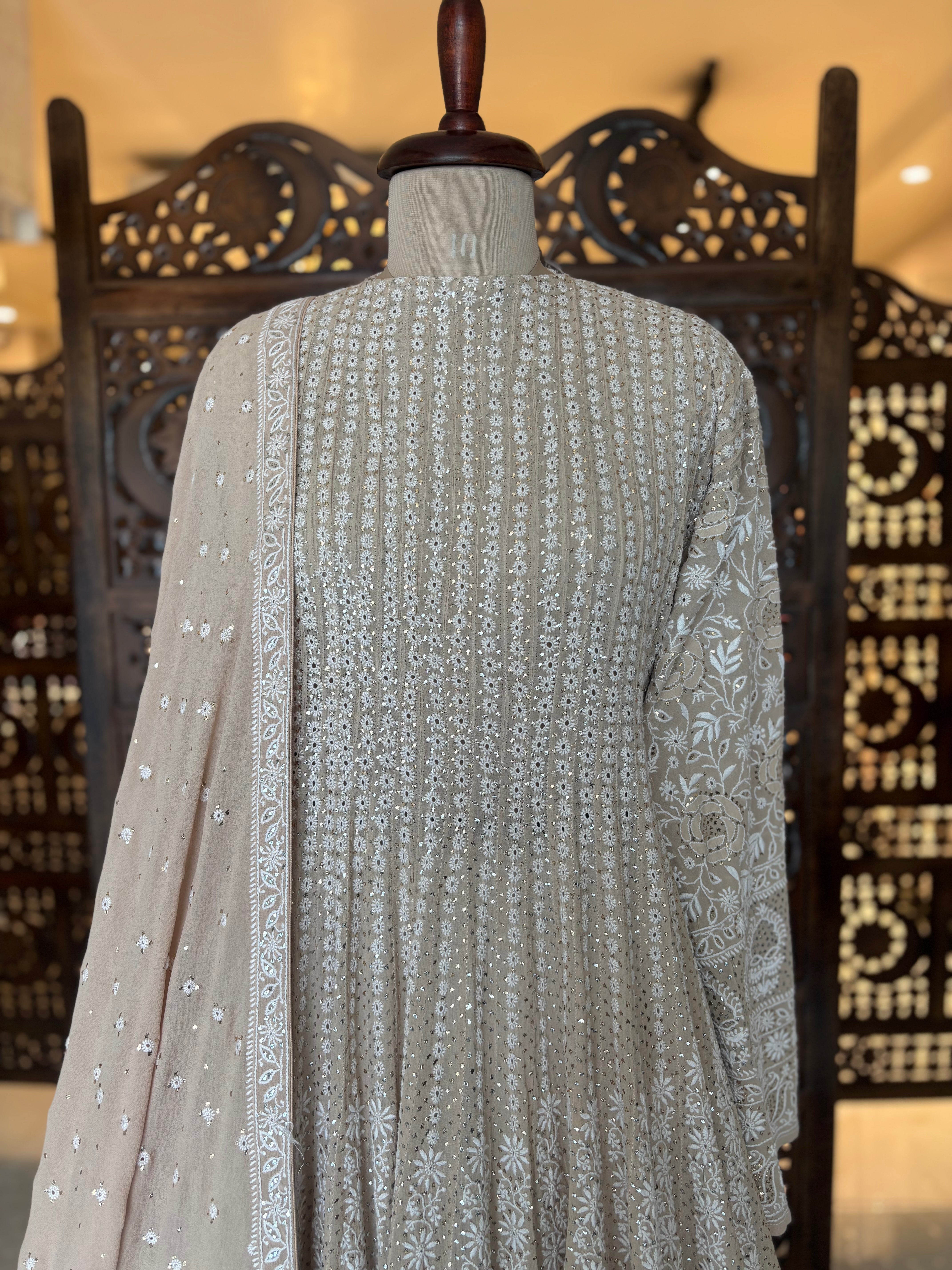 Champagne Beige Pure And Premium Georgette Mukaish Chikankari Heavy Flared Anarkali