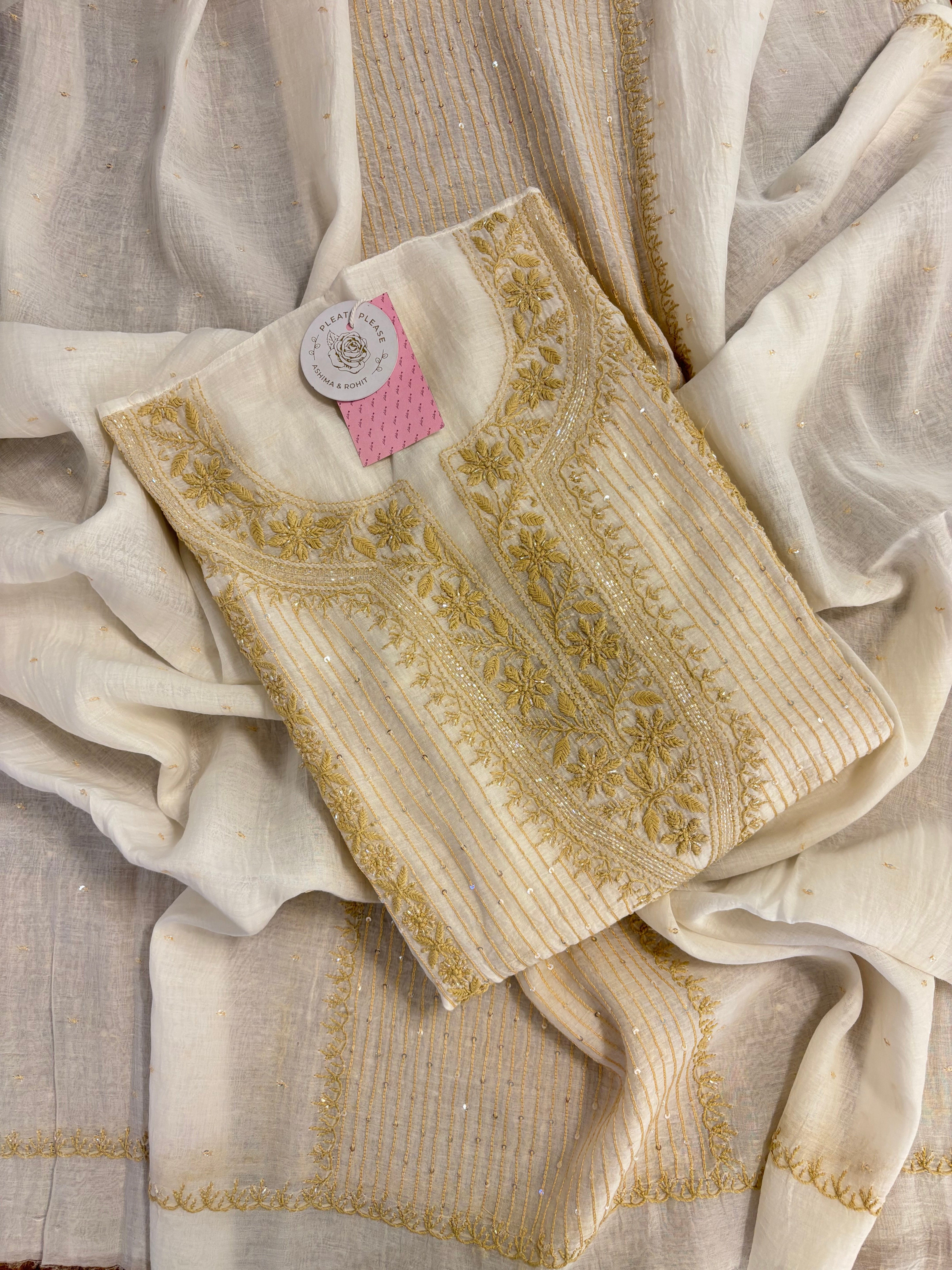 Dyeable Chanderi Mul Chikankari Kurta & Dupatta - Pleats PleaseChikankari