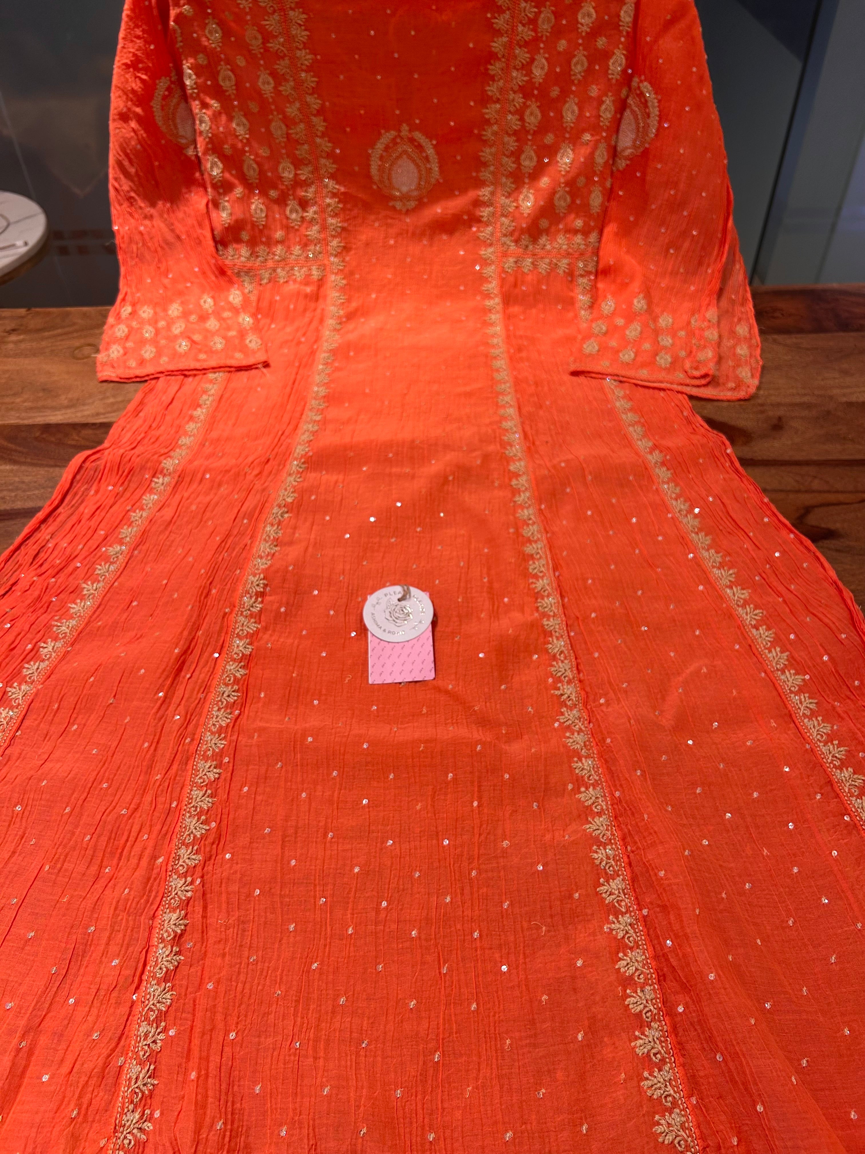 Coral peach Chanderi Chikankari A-line Kurta & Dupatta