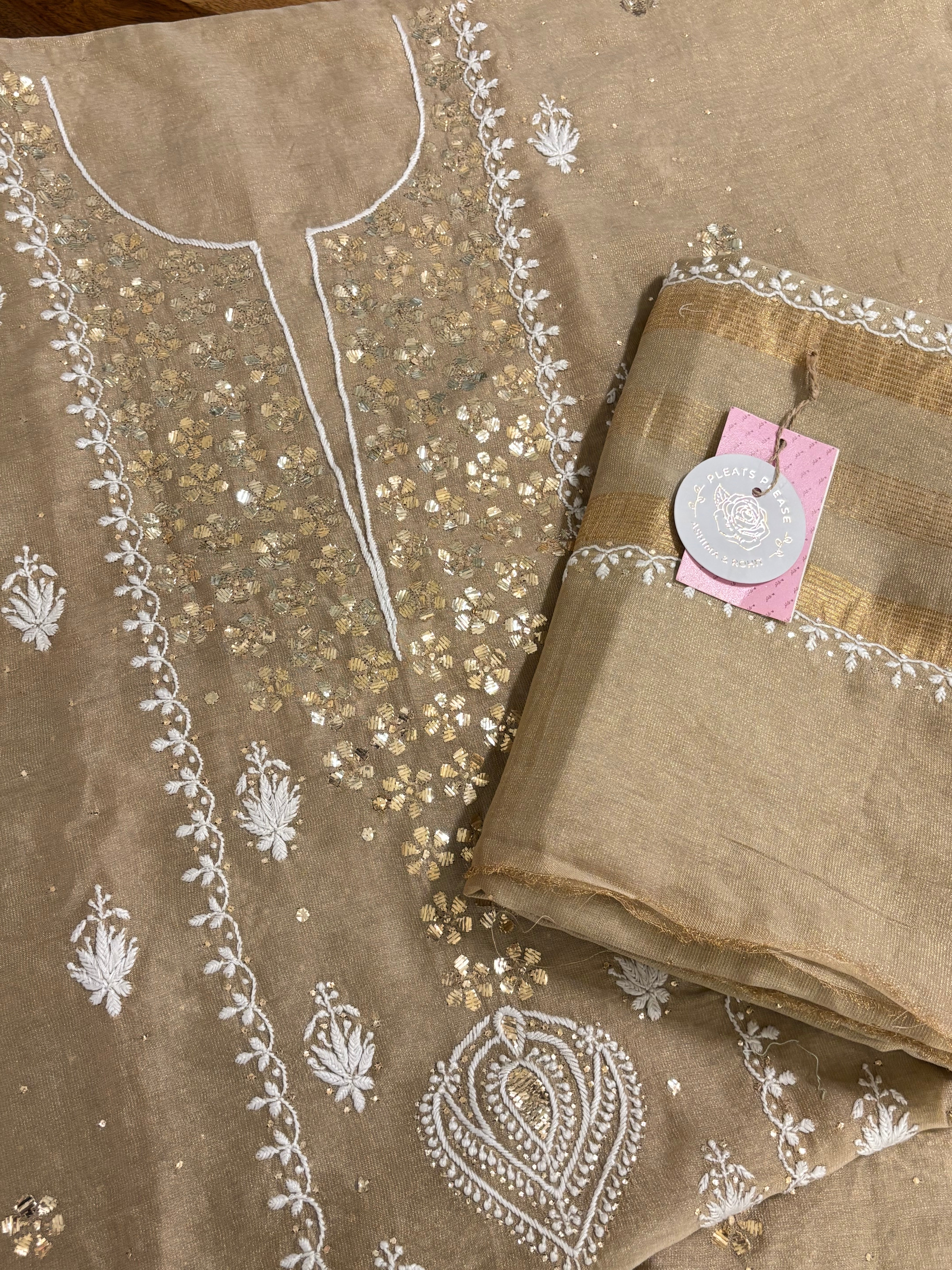 Brown Tissue Chikankari Mukaish Kurta Dupatta Set