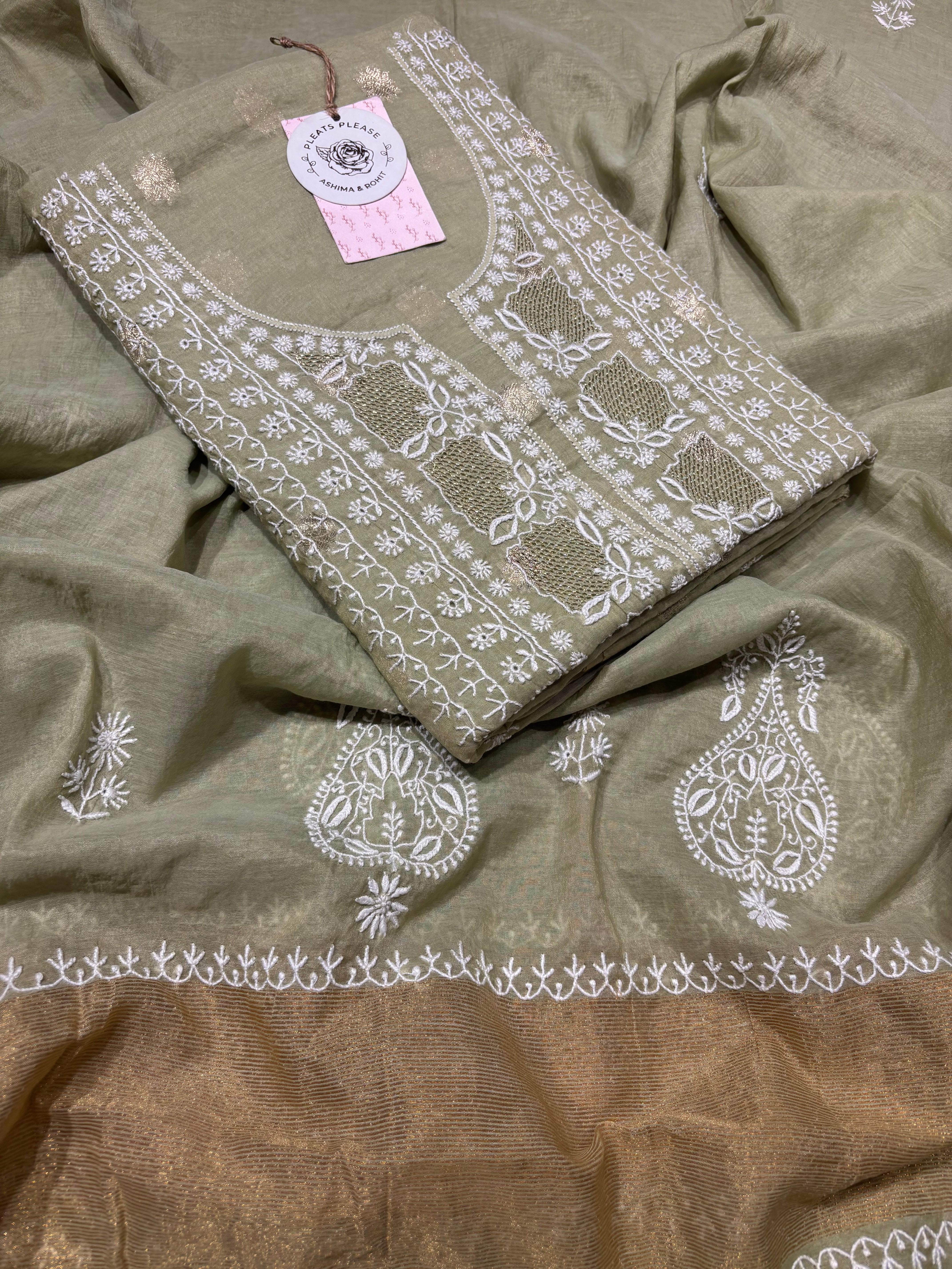 Green Chanderi silk Chikankari Kurta and Dupatta Fabric