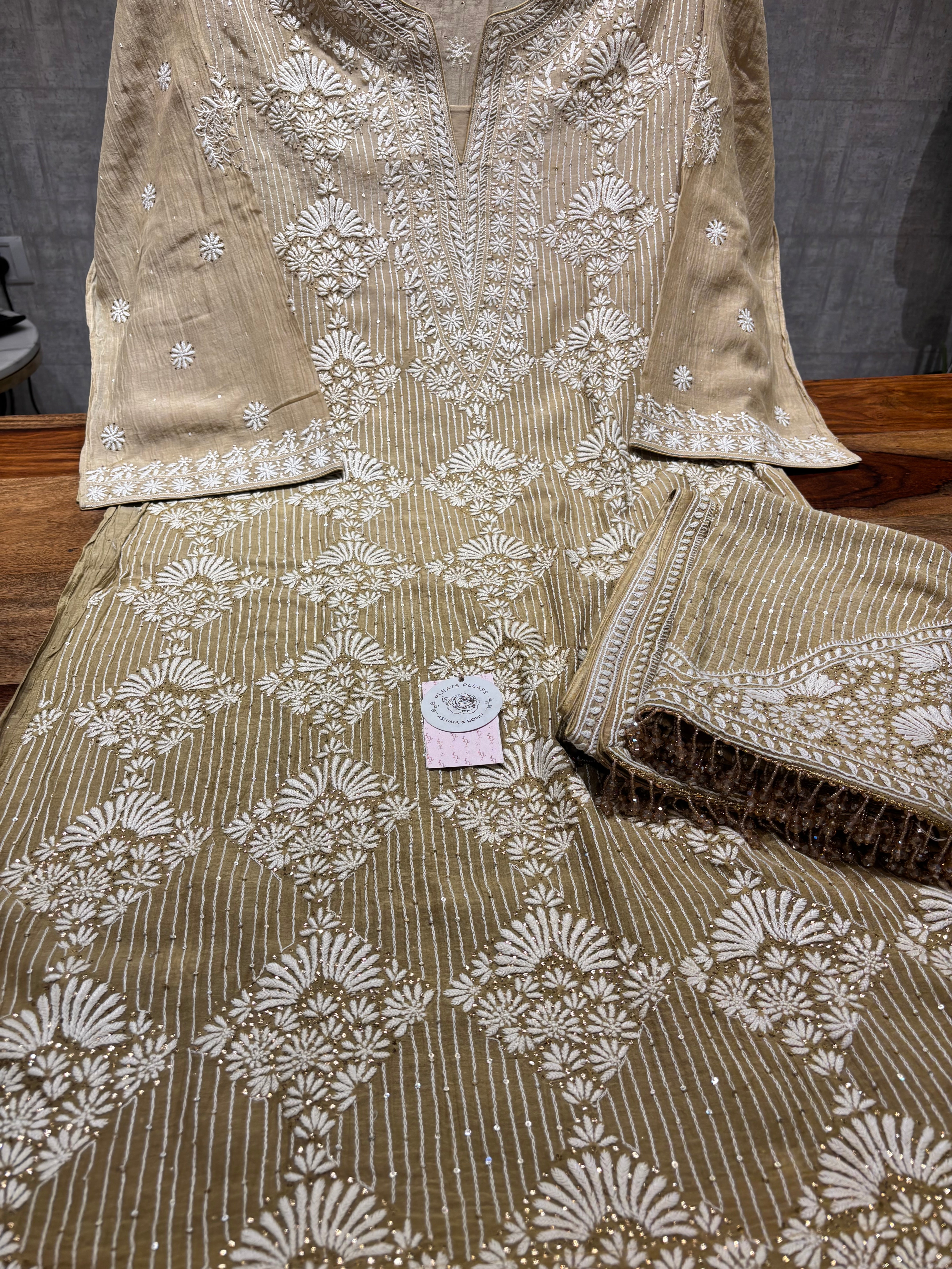 Olive Green Ombré Chanderi Mul Chikankari & Mukaish Kurta and Heavy Dupatta Set