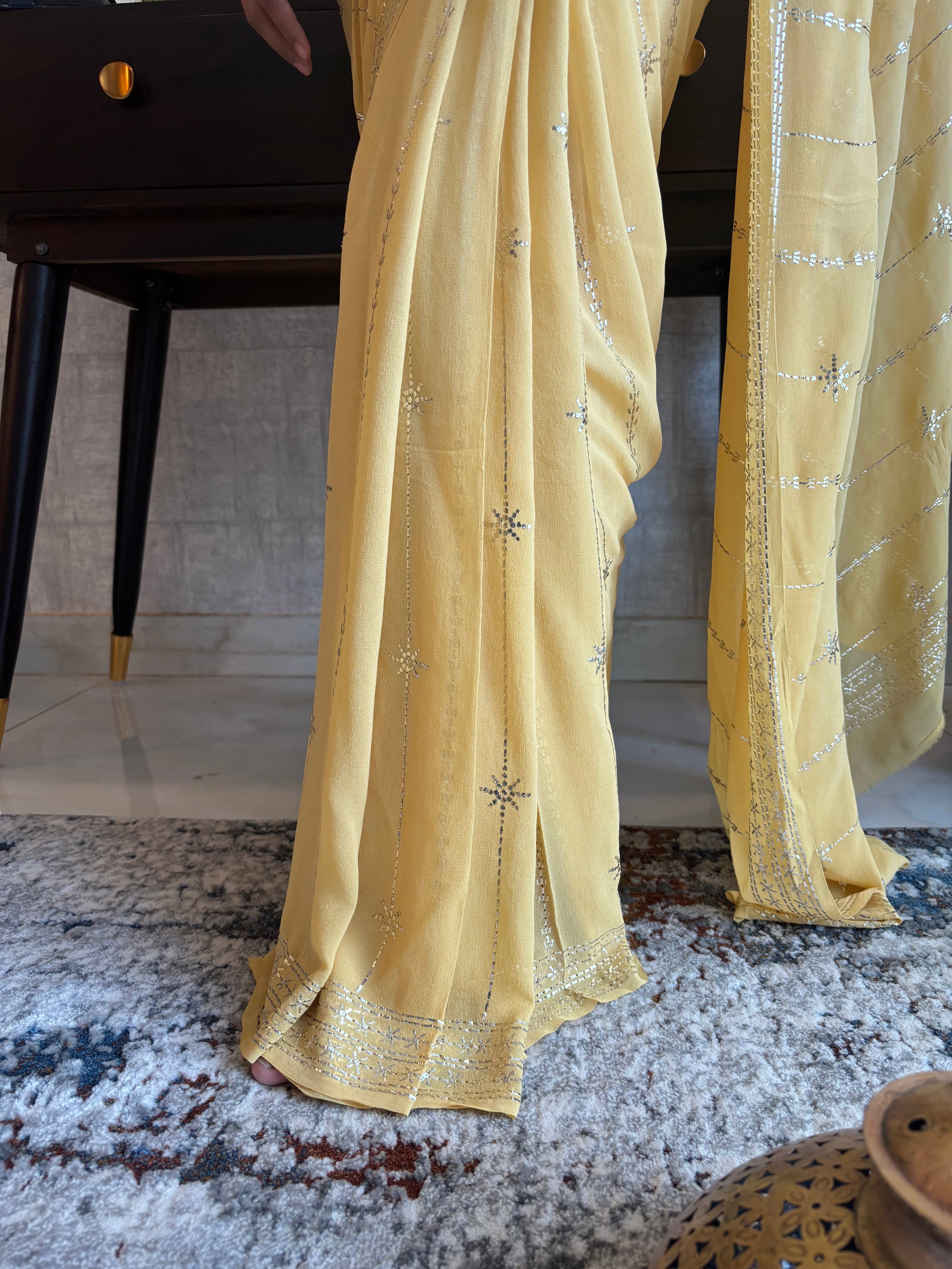 Macaroon Pure And Premium Georgette Mukaish Saree And Blouse