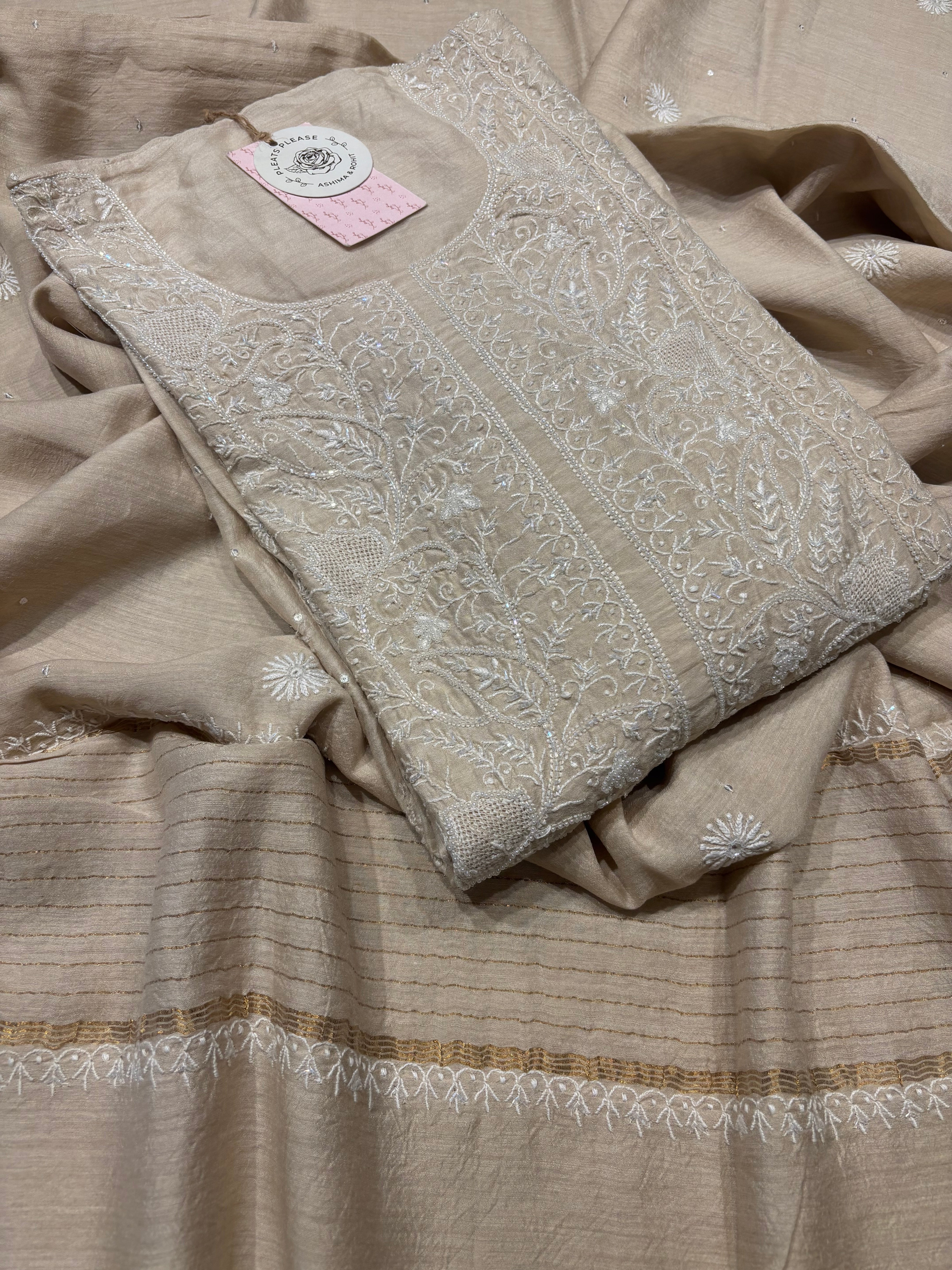 Dyeable Monga Silk Chikankari Anarkali And Dupatta Set