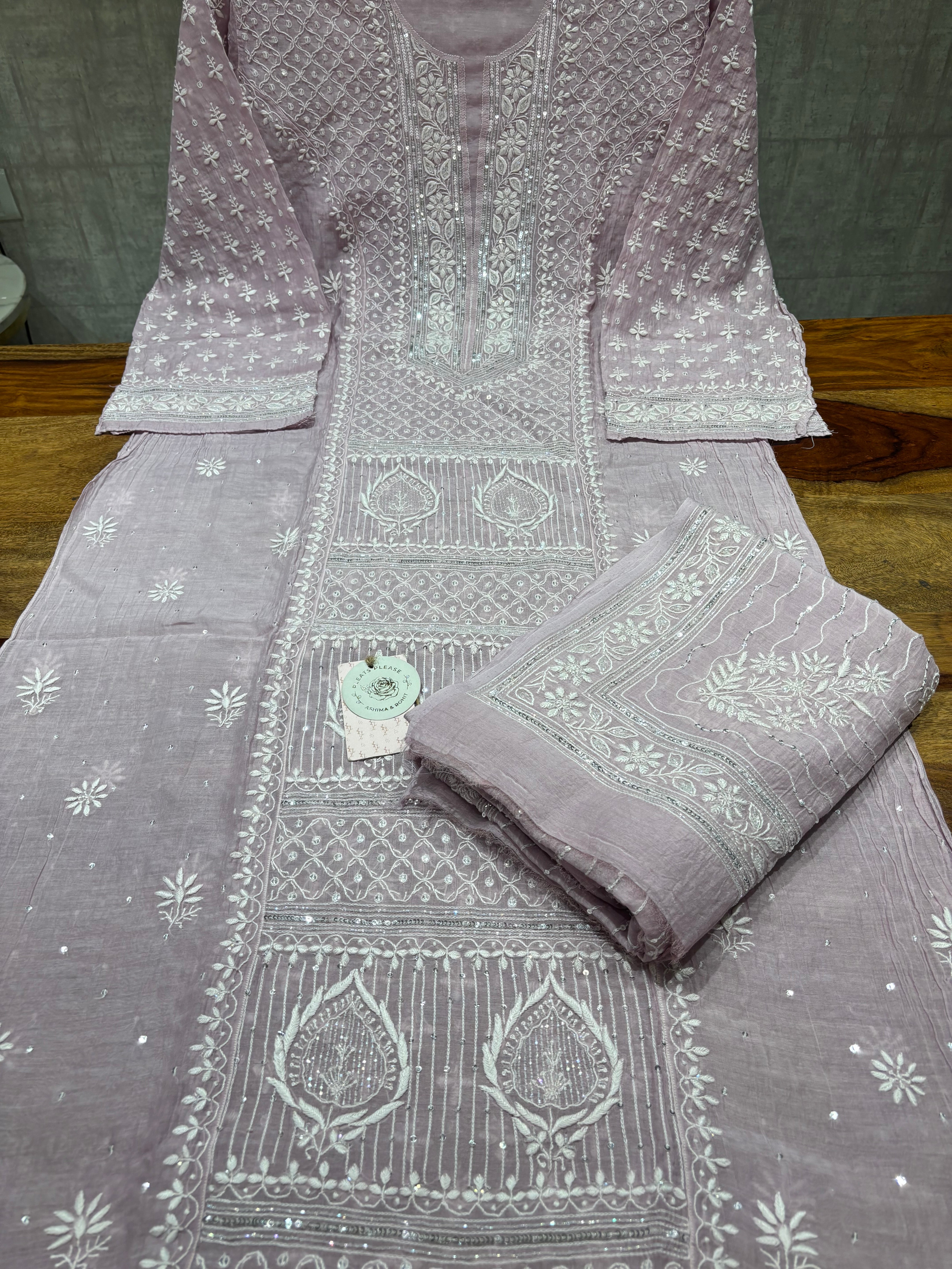Lavender Chanderi Mul Chikankari  Kurta & Dupatta Set