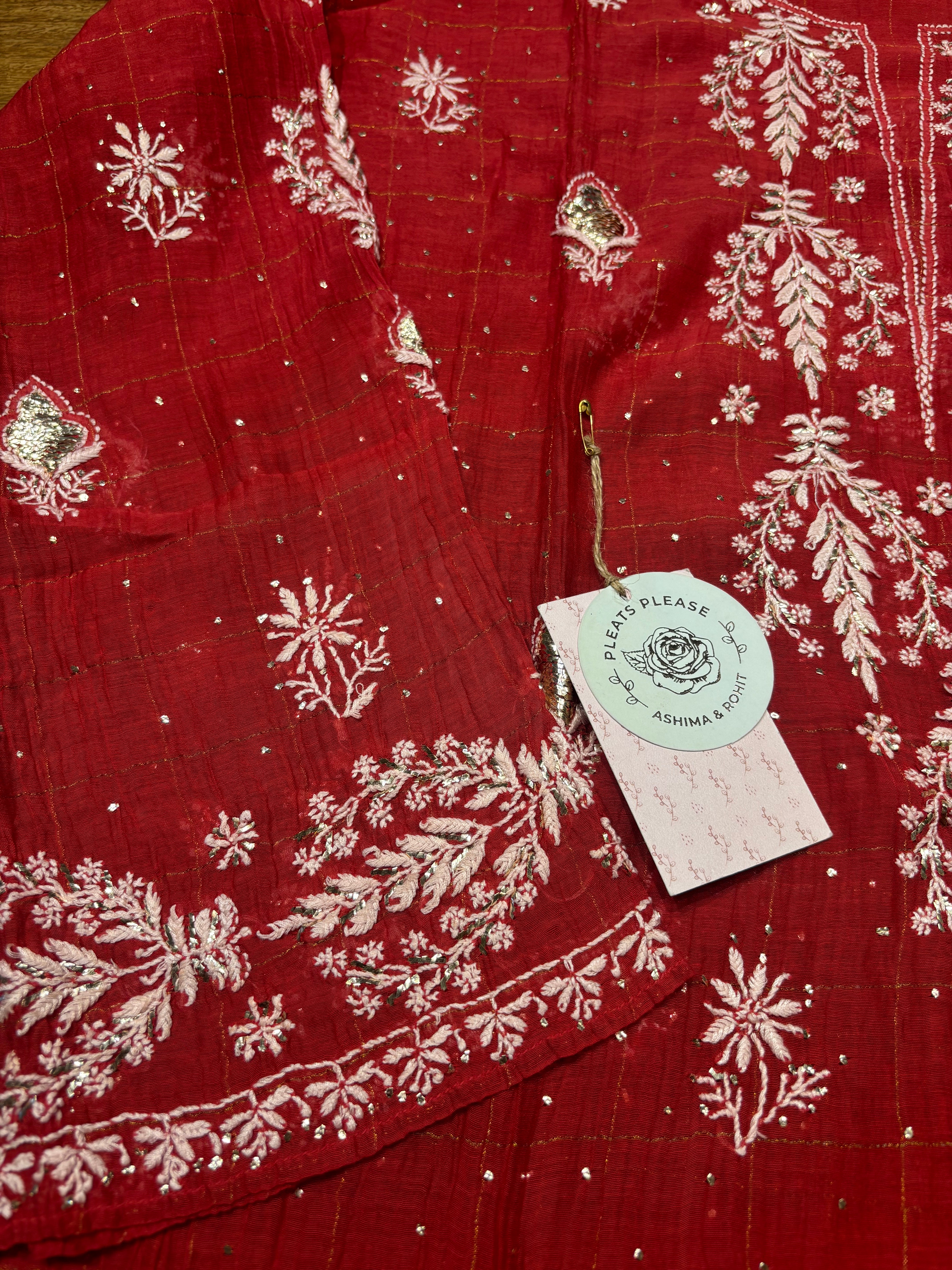 Red Chanderi Mul Chikankari & Mukaish Kurta and Dupatta