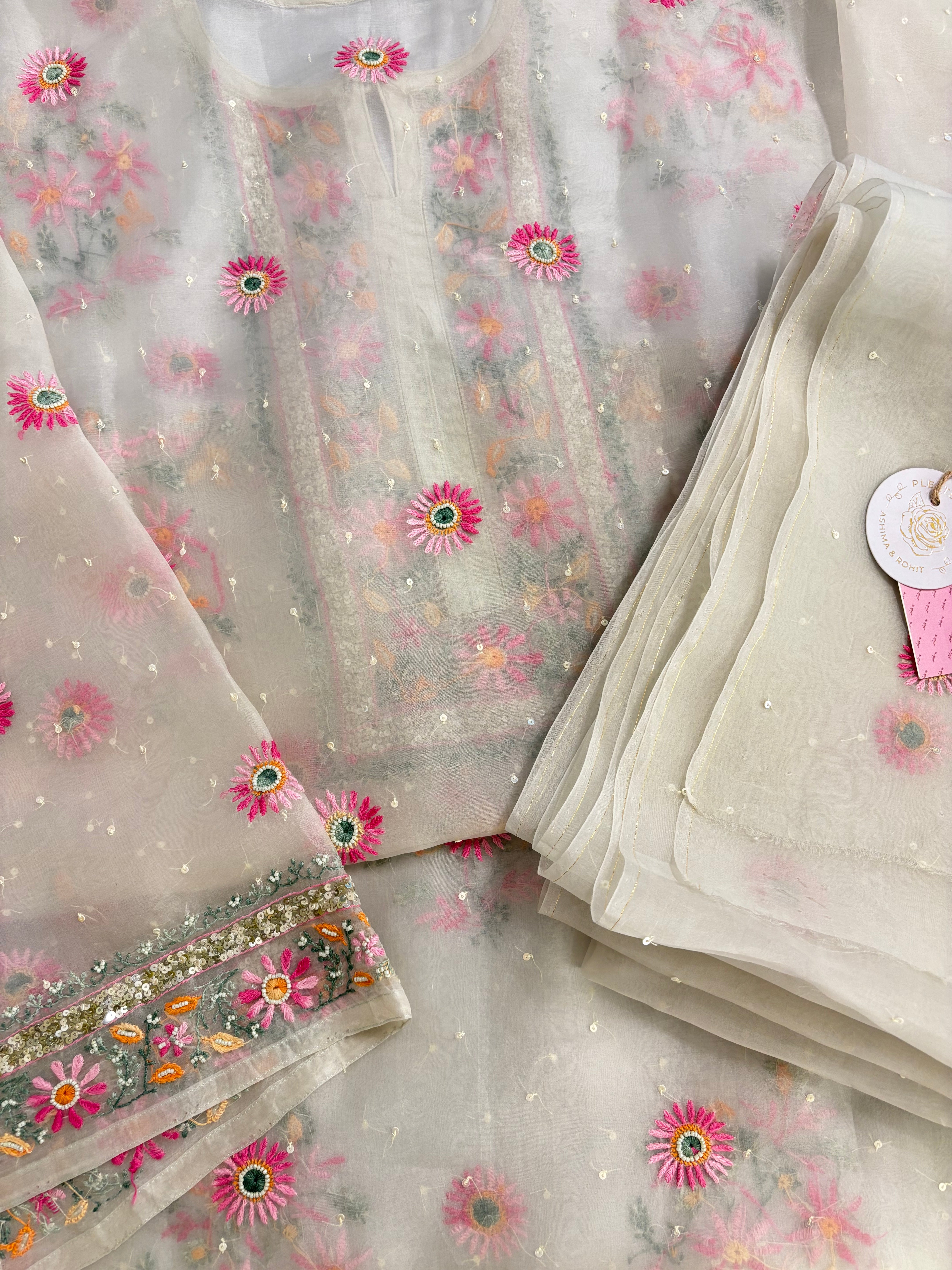 Ivory Cream Pure Organza Chikankari Kurta & Dupatta