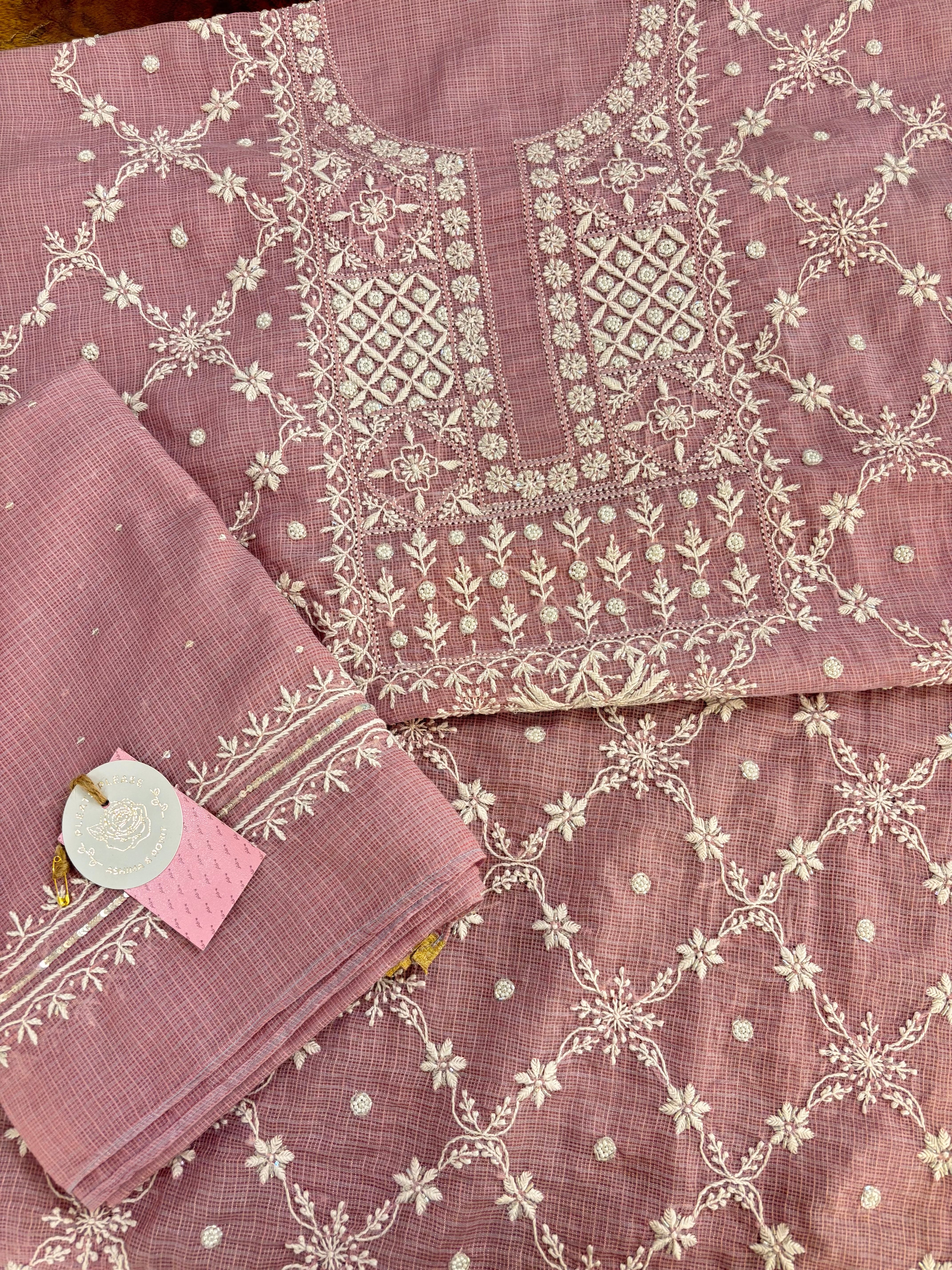 Lilac Kota Doria Chikankari Kurta & Dupatta