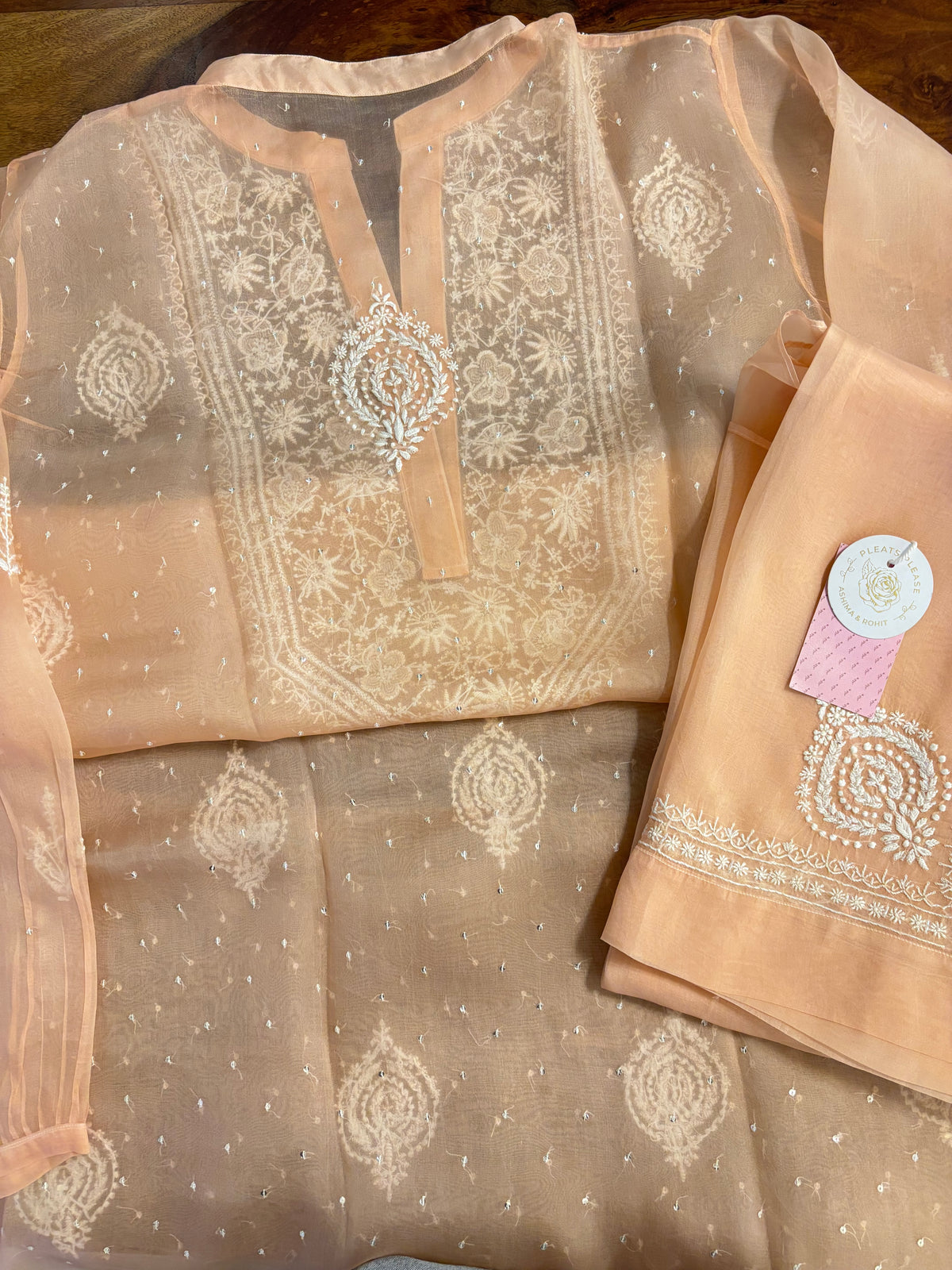 Peach Pure Organza Chikankari Co-ord Set - Pleats PleaseChikankari