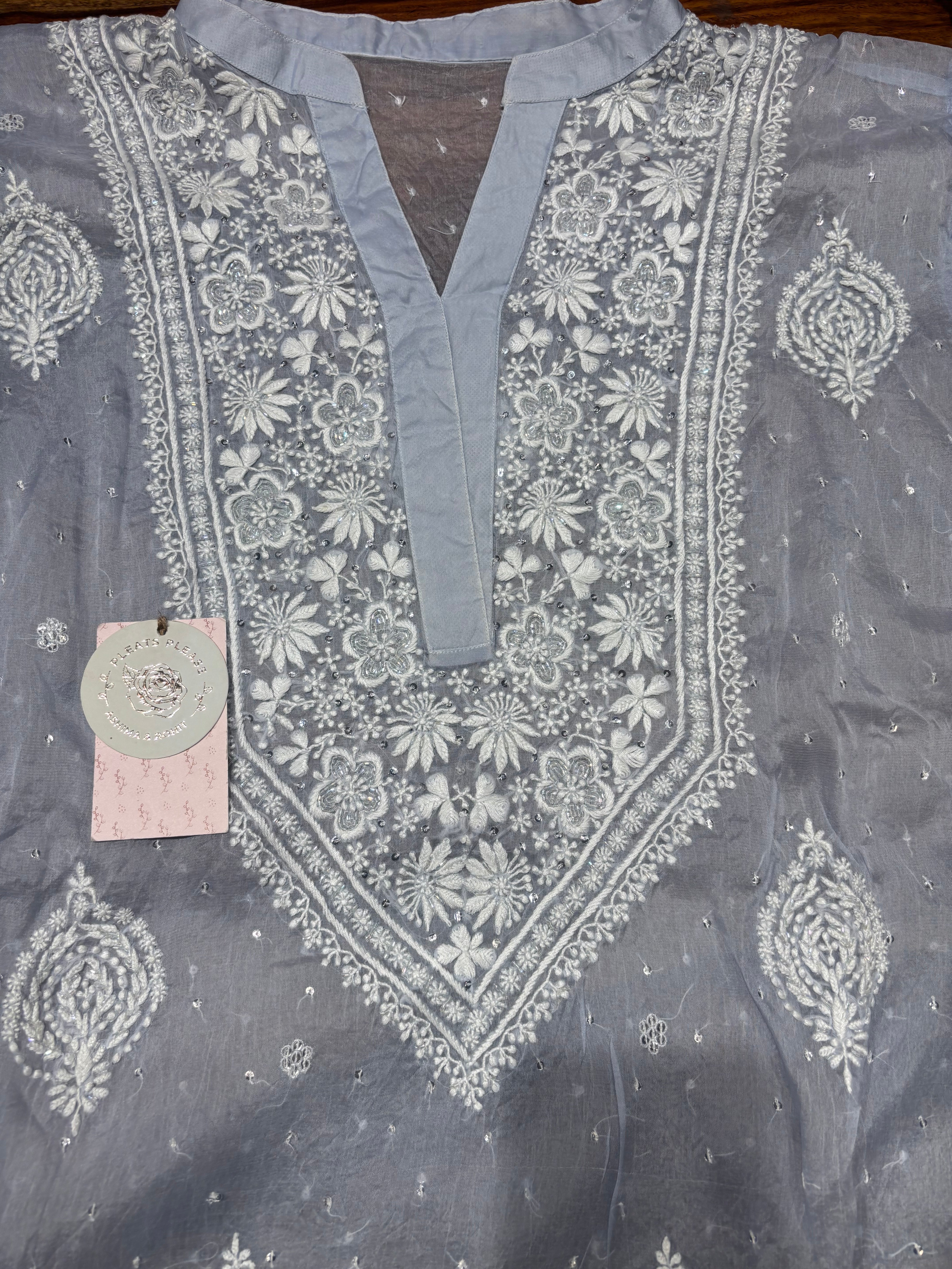 Tealish Blue Pure & Premium Organza Silk Chikankari Co-ord Set