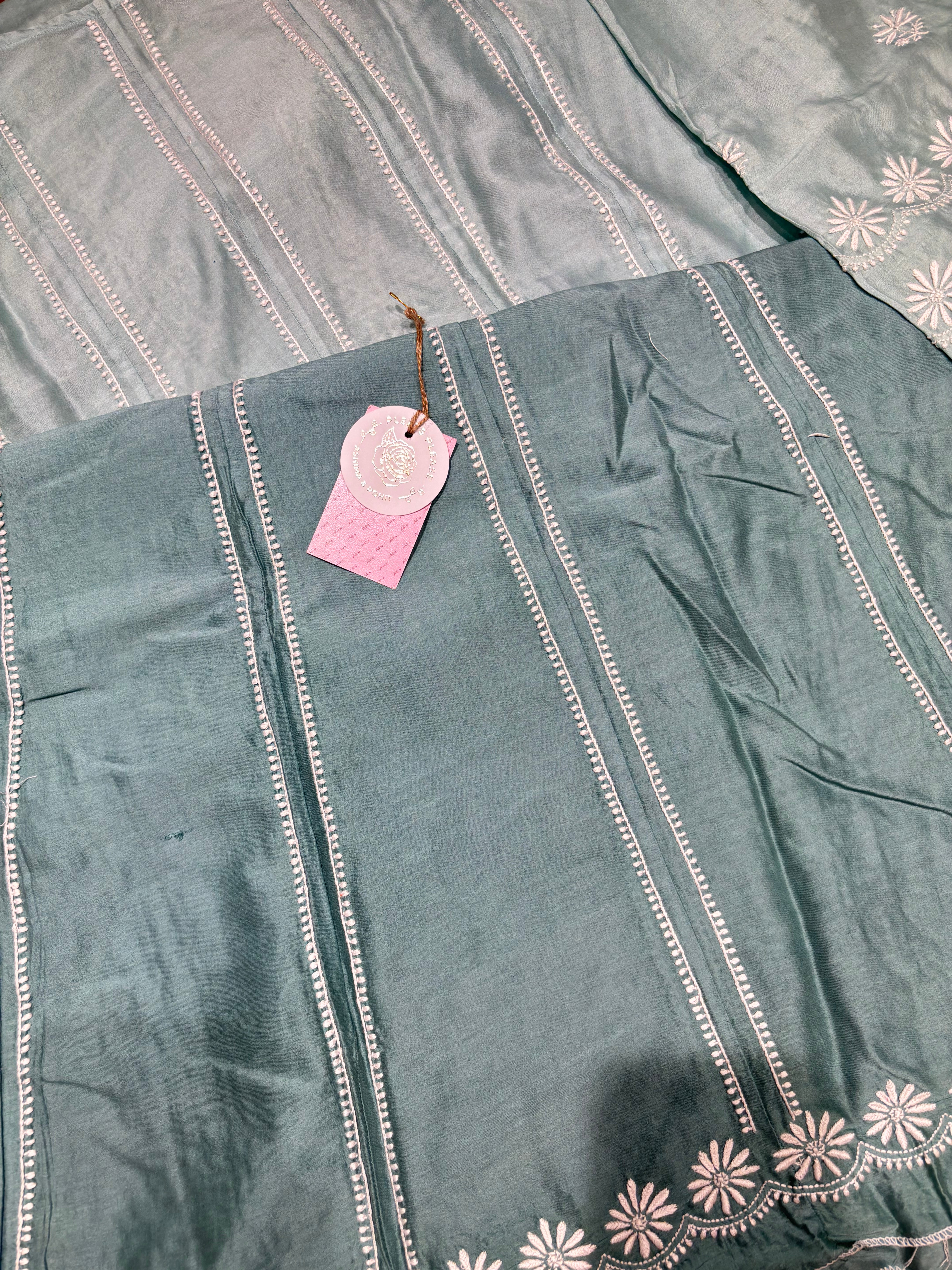 Aqua Blue Chanderi Silk Chikankari Anarkali & Dupatta Set