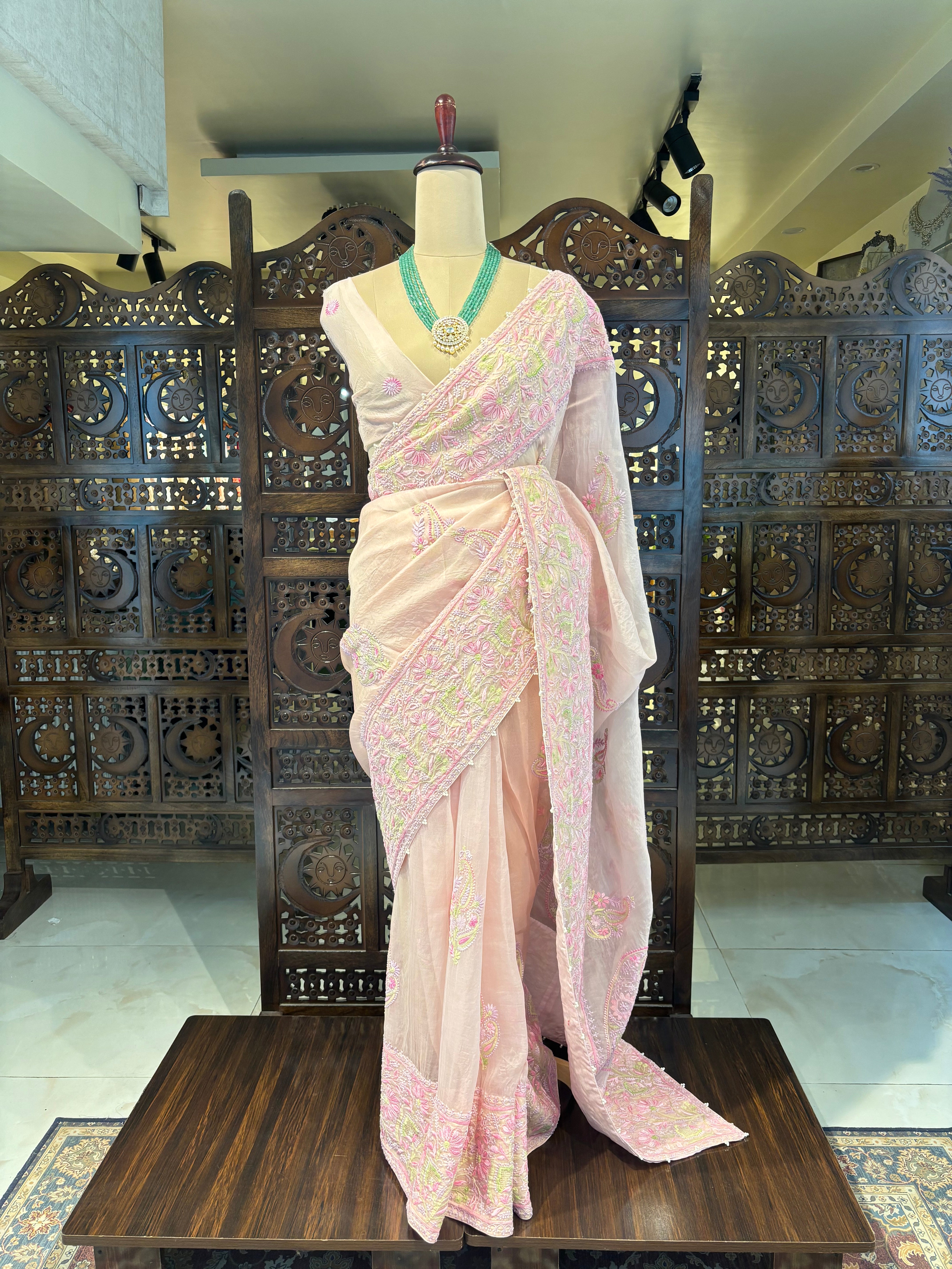 Baby Pink Pure Organza Saree