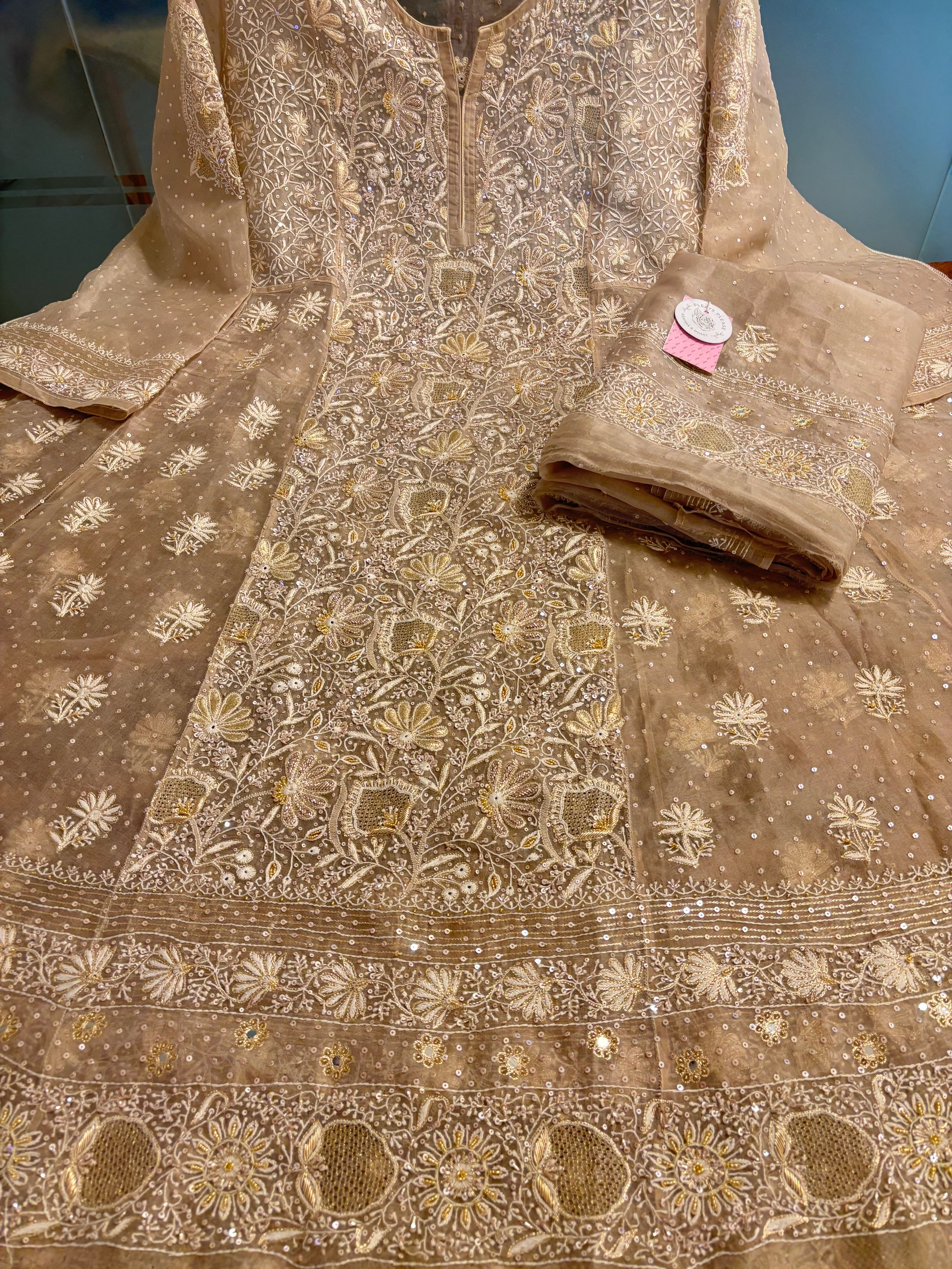 Deep Sand Organza Chikankari Anarkali & Dupatta Set - Pleats PleaseChikankari