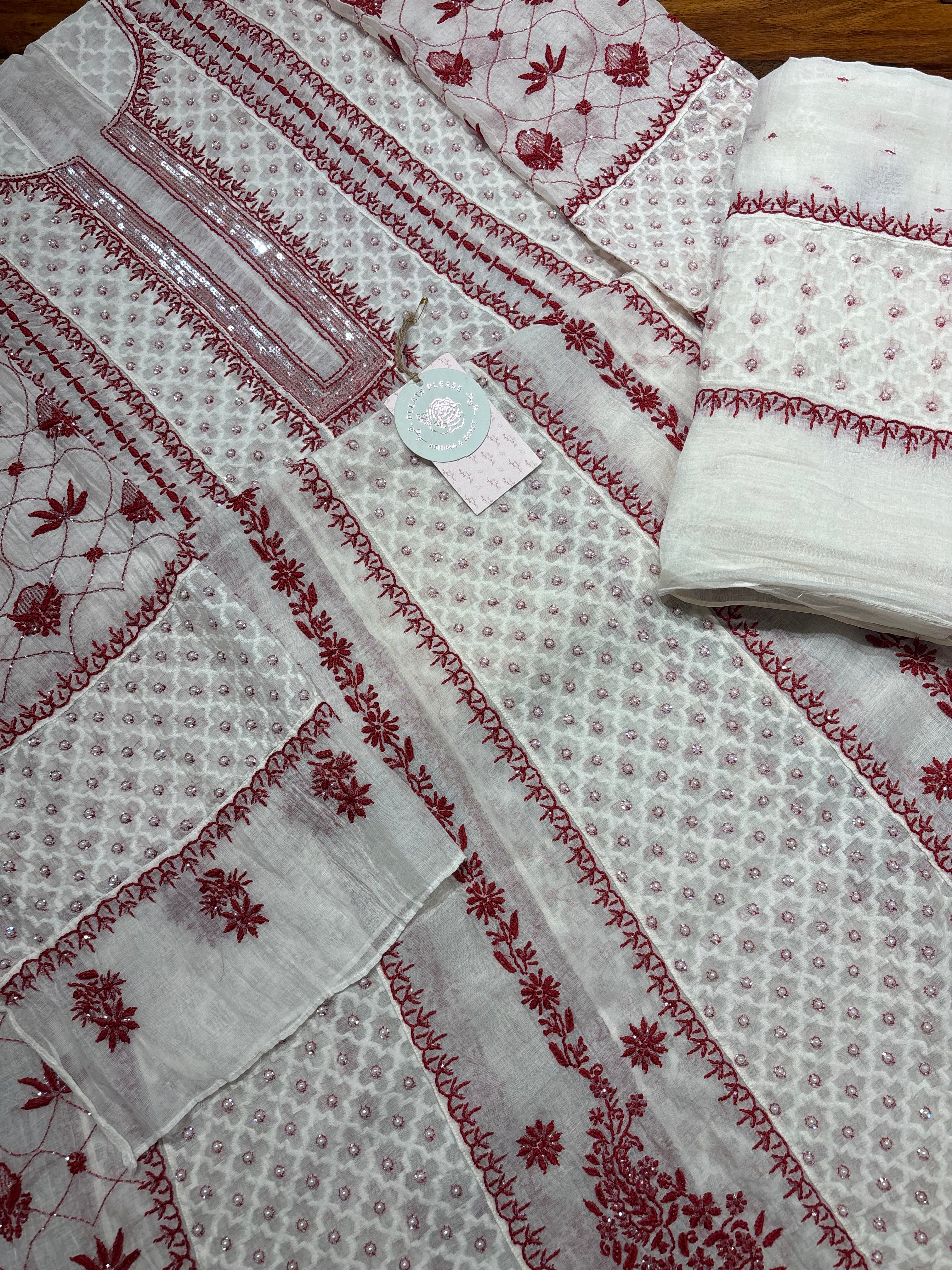 Dyeable chanderi Mul Chikankari Anarkali and Dupatta Set
