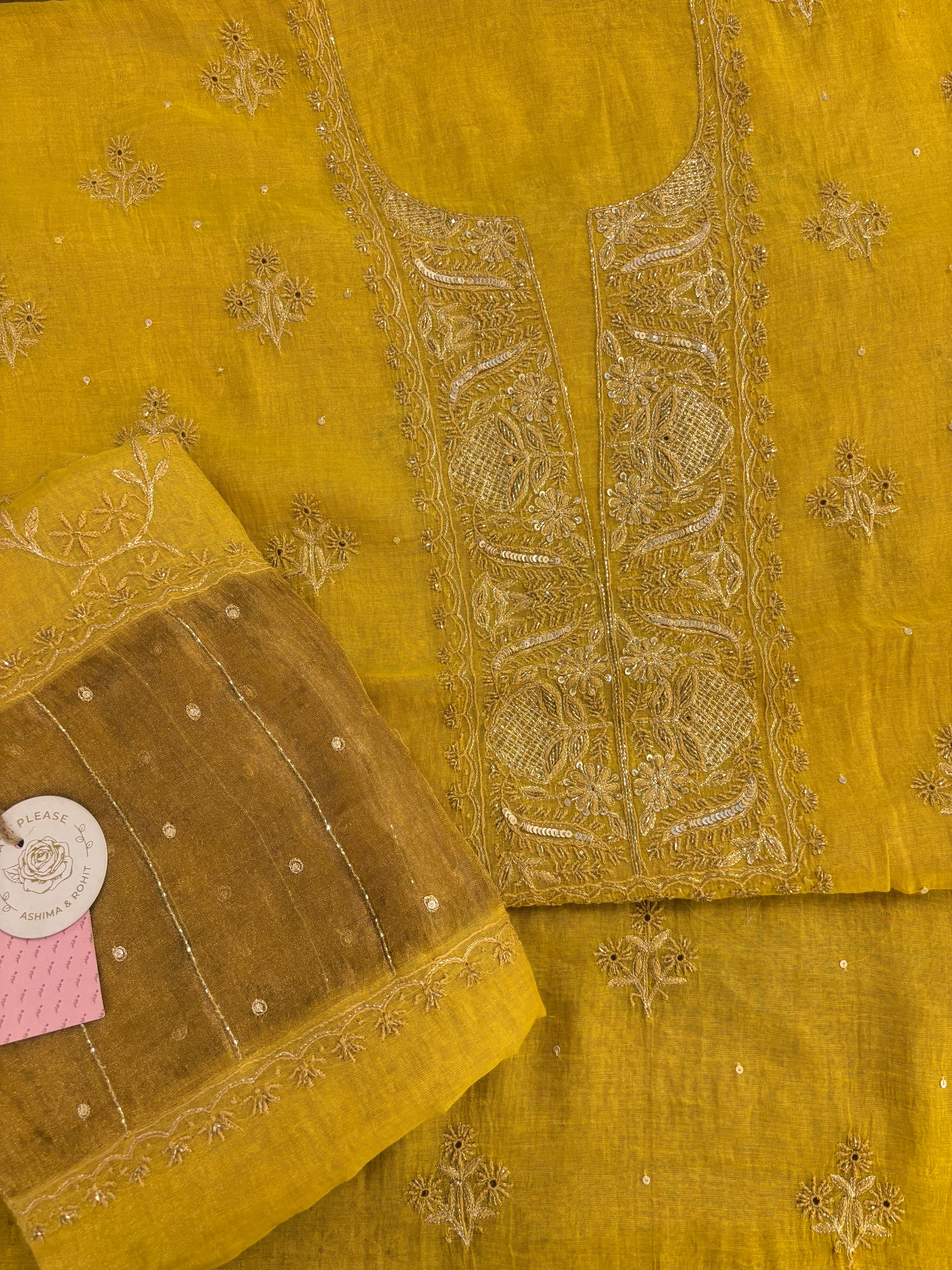 Yellow Pure & Premium Tissue Chikankari Kurta & Dupatta