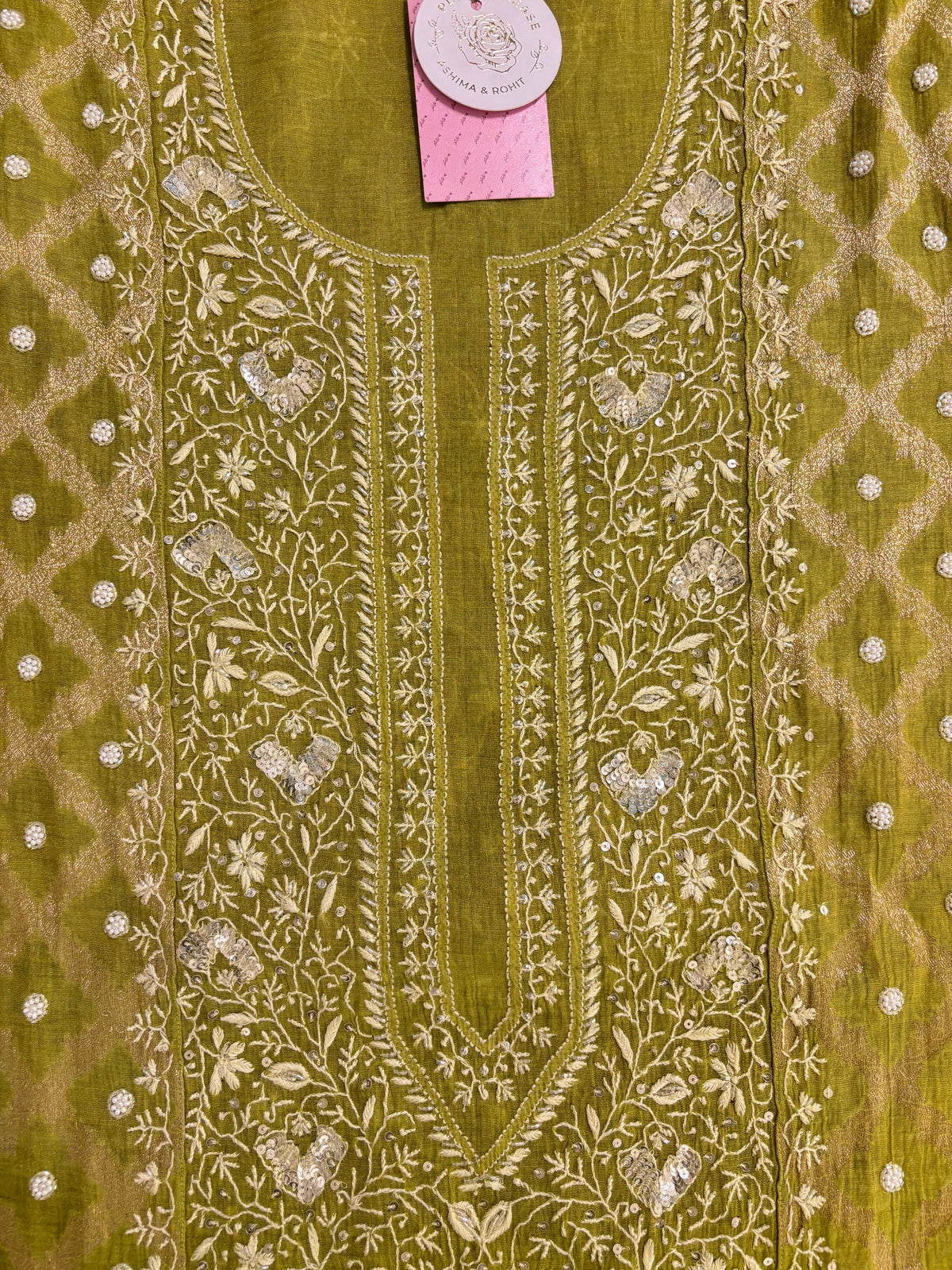 Bright Green Tissue Chanderi Chikankari Kurta & Dupatta
